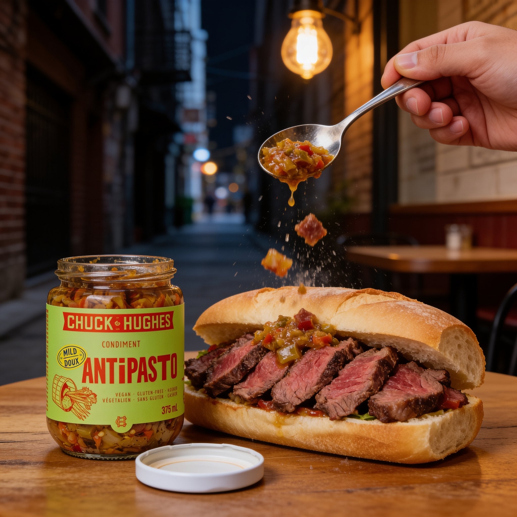Chuck Hughes Mild Antipasto spooned onto a steak sandwich, open jar on the table