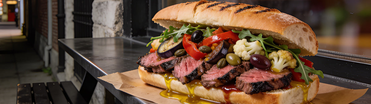 Chuck Hughes Mild Antipasto — chargrilled steak sandwich heaped with antipasto on a dark laneway bench