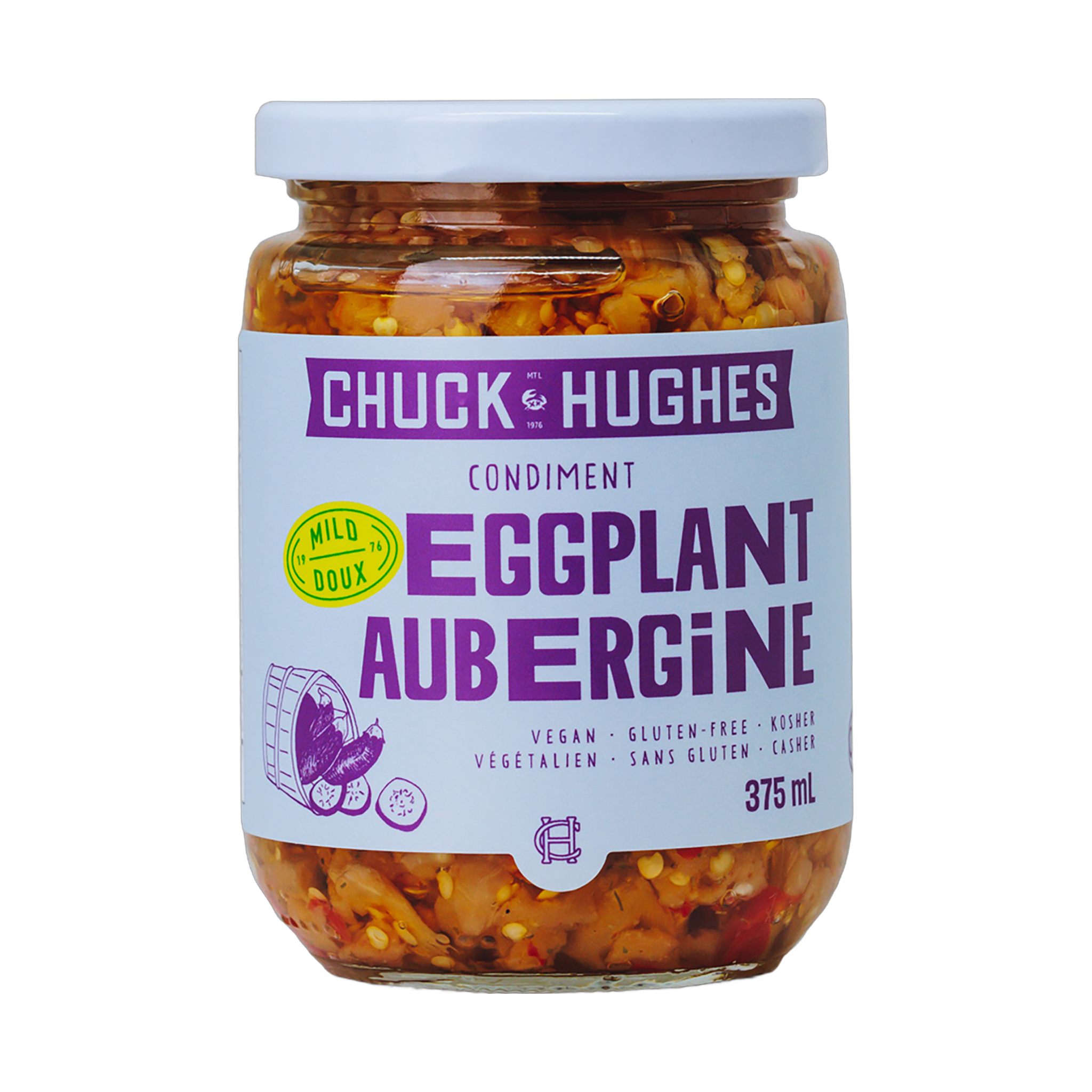 Chuck Hughes Mild Eggplant Relish 375ml eggplant relish — front of jar on transparent background