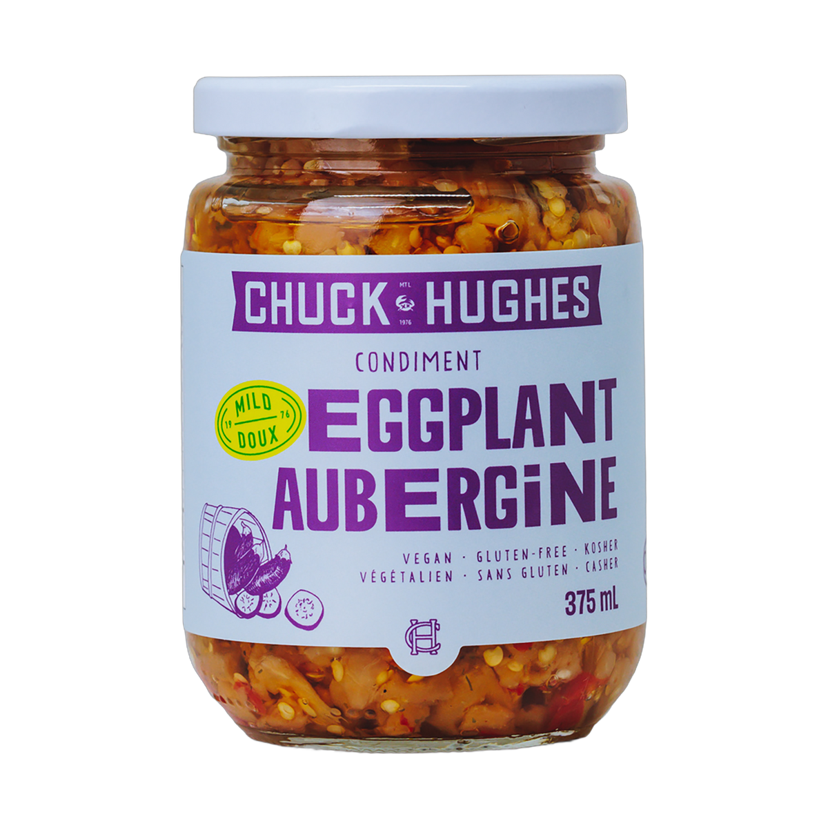 Chuck Hughes Mild Eggplant Relish 375ml eggplant relish — front of jar on transparent background