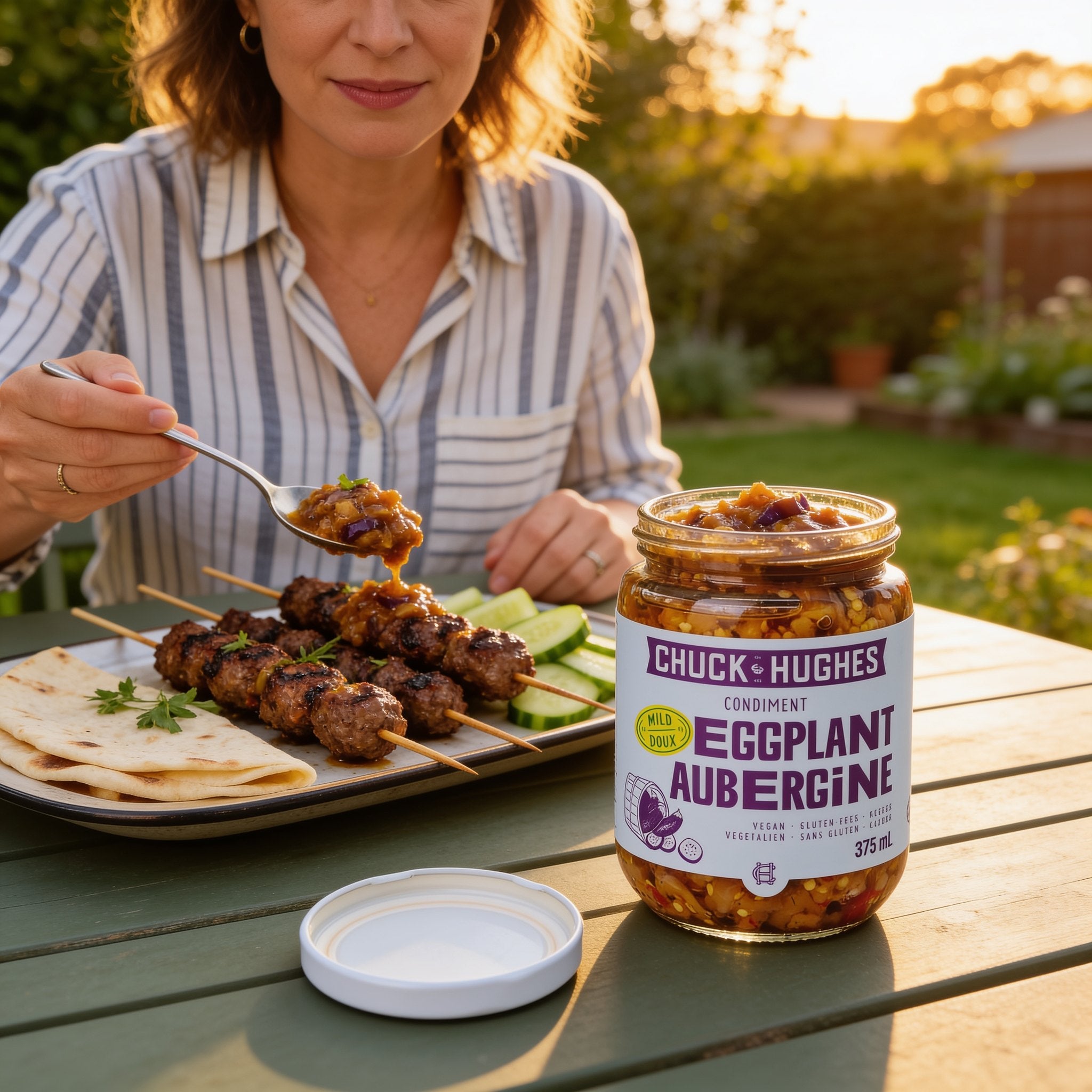 Chuck Hughes Mild Eggplant Relish spooned over lamb kofta skewers in the garden