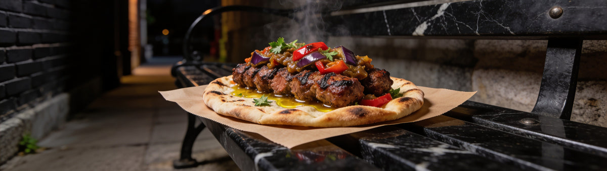 Chuck Hughes Mild Eggplant Relish — charred lamb kofta on flatbread with eggplant relish