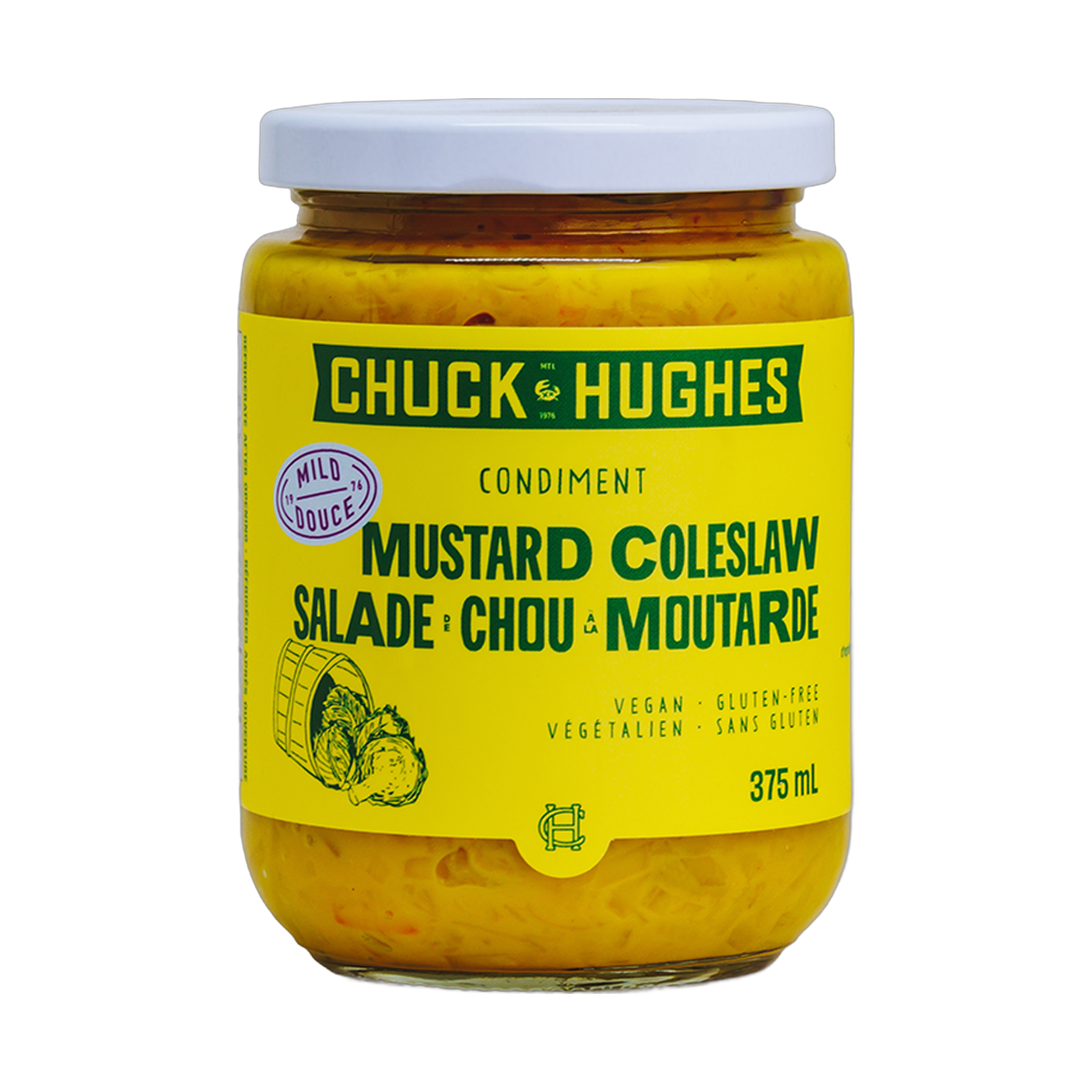 Chuck Hughes Mild Mustard Coleslaw 375ml mustard slaw relish — front of jar on transparent background