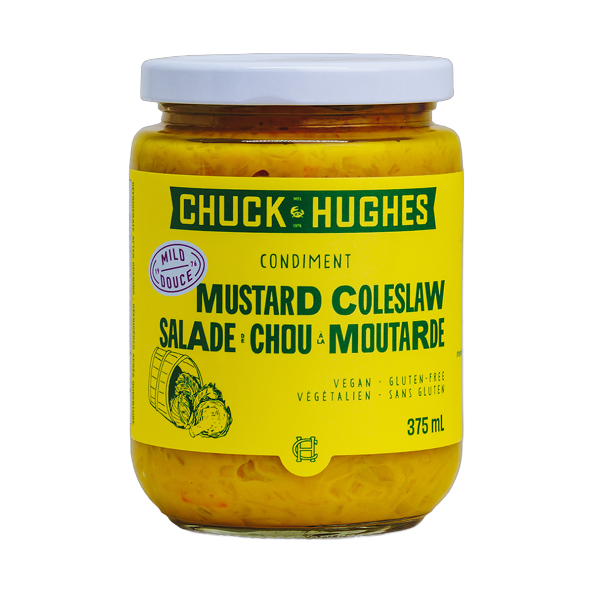 Chuck Hughes Mild Mustard Coleslaw 375ml mustard slaw relish — front of jar on transparent background