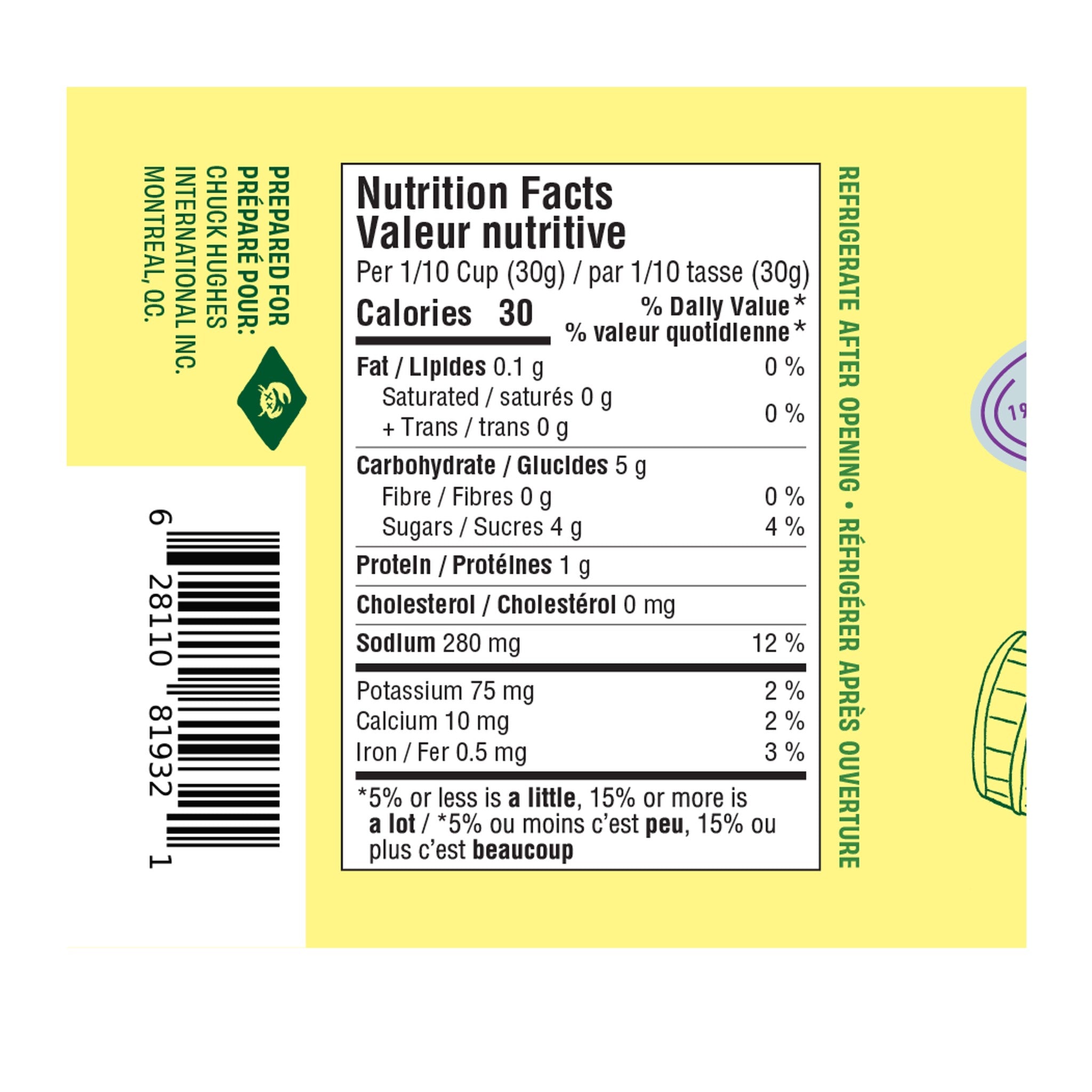 Chuck Hughes Mild Mustard Coleslaw 375ml mustard slaw relish — nutrition panel and barcode, label detail