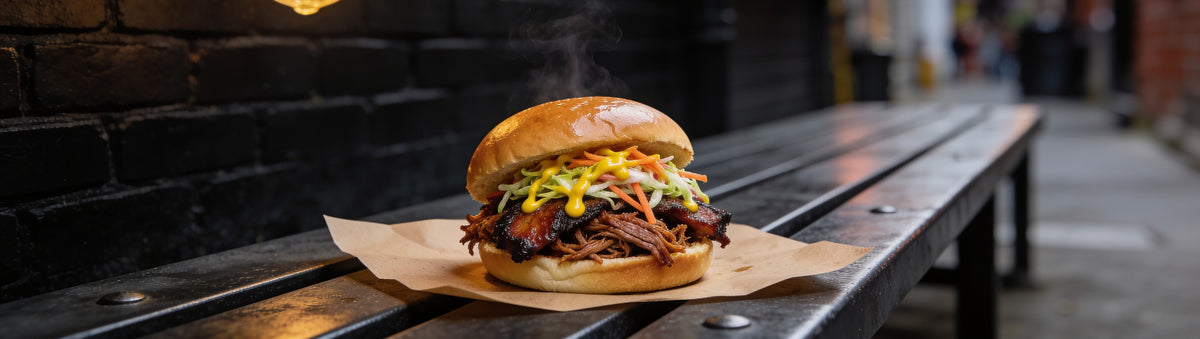Chuck Hughes Mild Mustard Coleslaw — smoked pulled pork roll crowned with mustard slaw