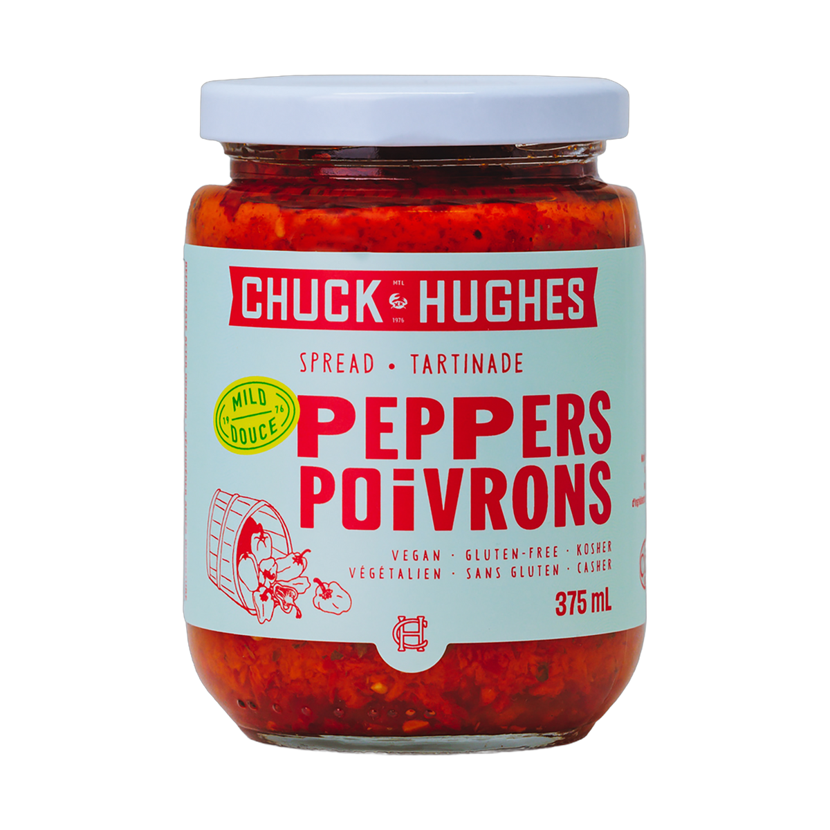 Chuck Hughes Mild Pepper Spread 375ml roasted pepper spread — front of jar on transparent background