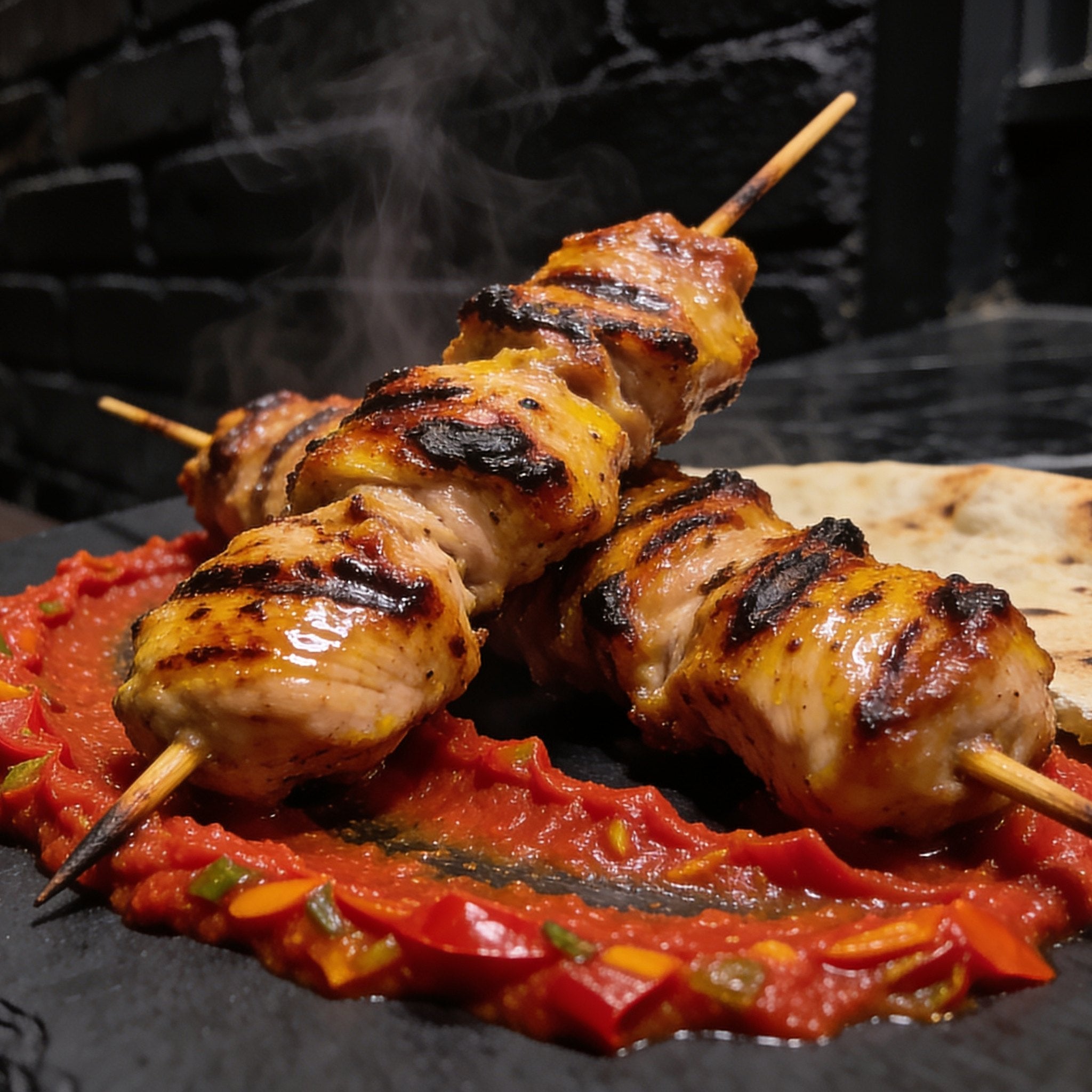 Chuck Hughes Mild Pepper Spread 375ml roasted pepper spread — chargrilled chicken skewers over a swoosh of red pepper spread