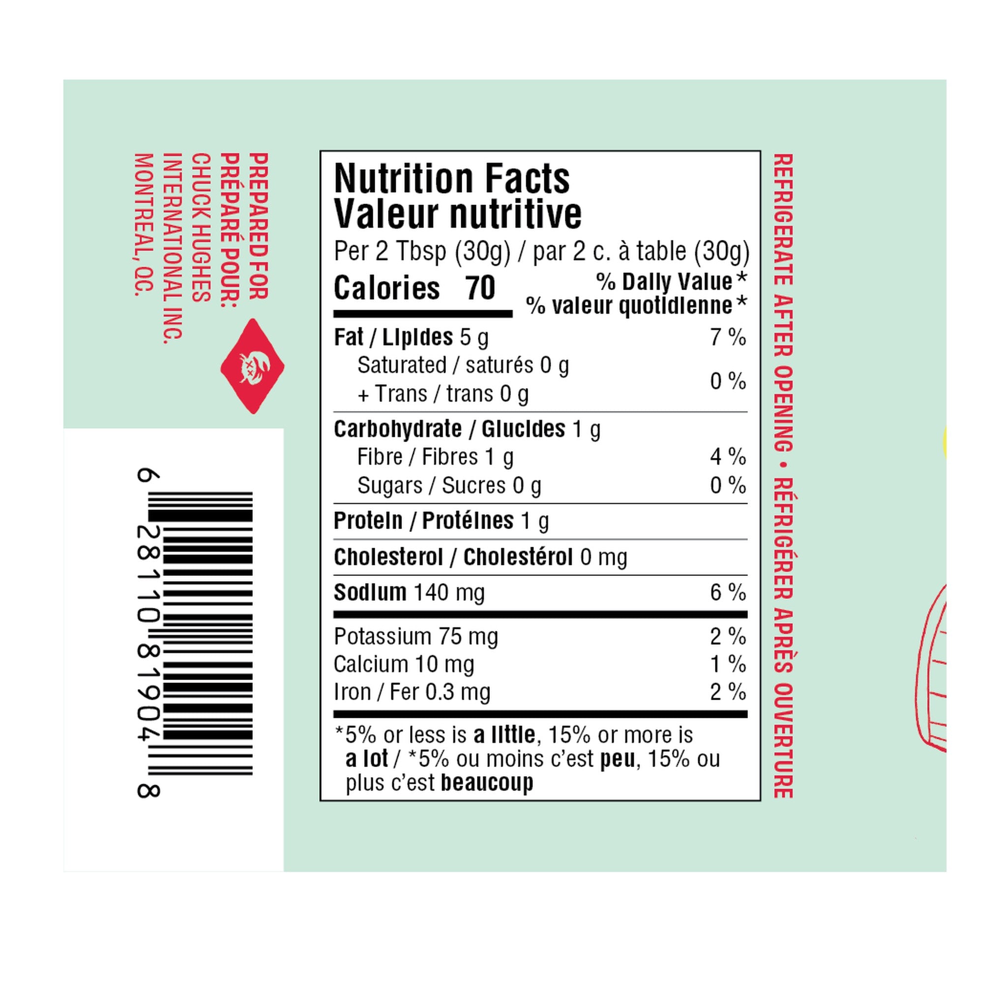 Chuck Hughes Mild Pepper Spread 375ml roasted pepper spread — nutrition panel and barcode, label detail