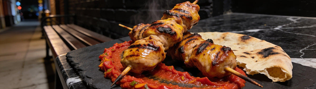 Chuck Hughes Mild Pepper Spread — chargrilled chicken skewers on red pepper spread