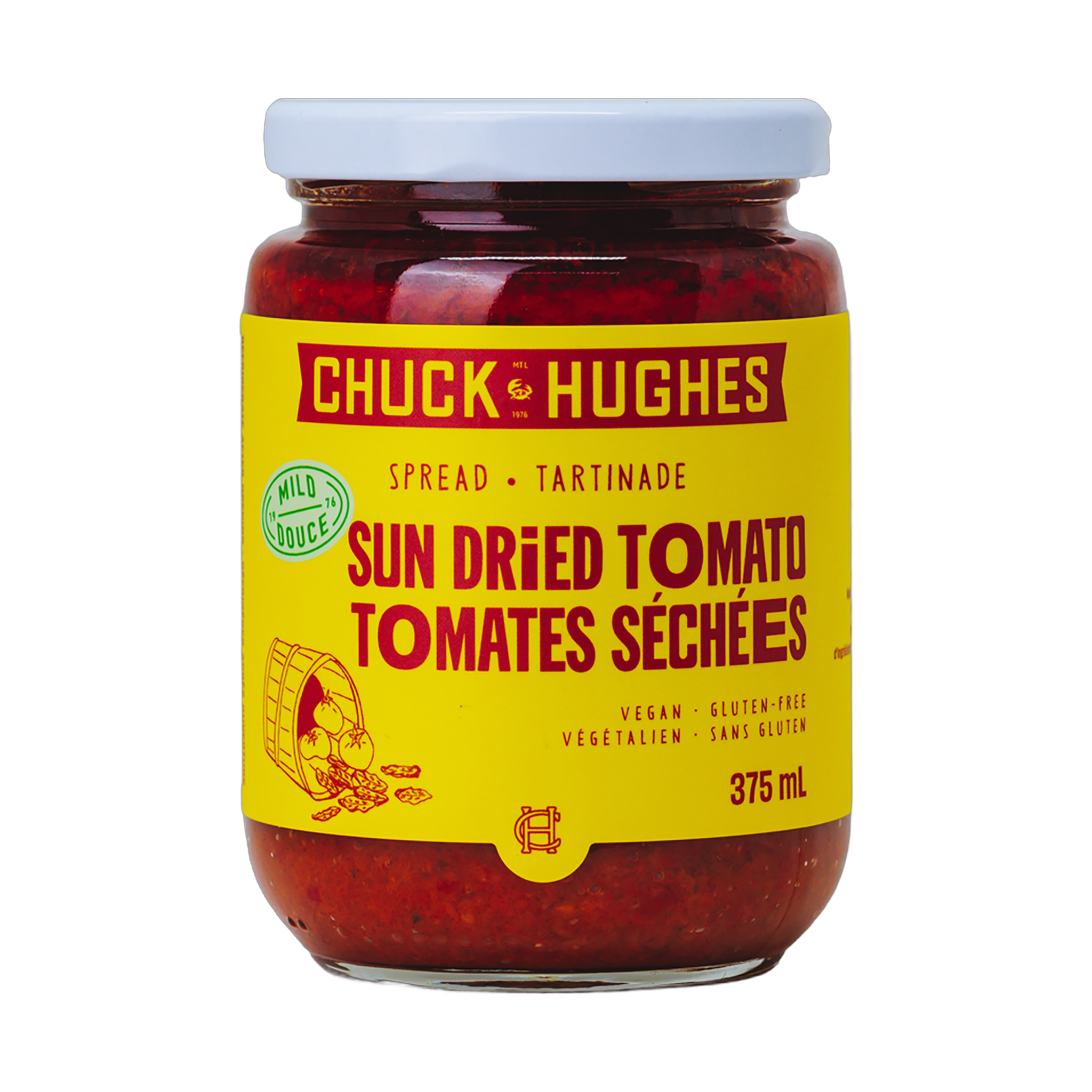 Chuck Hughes Mild Sun-Dried Tomato Spread 375ml tomato spread — front of jar on transparent background