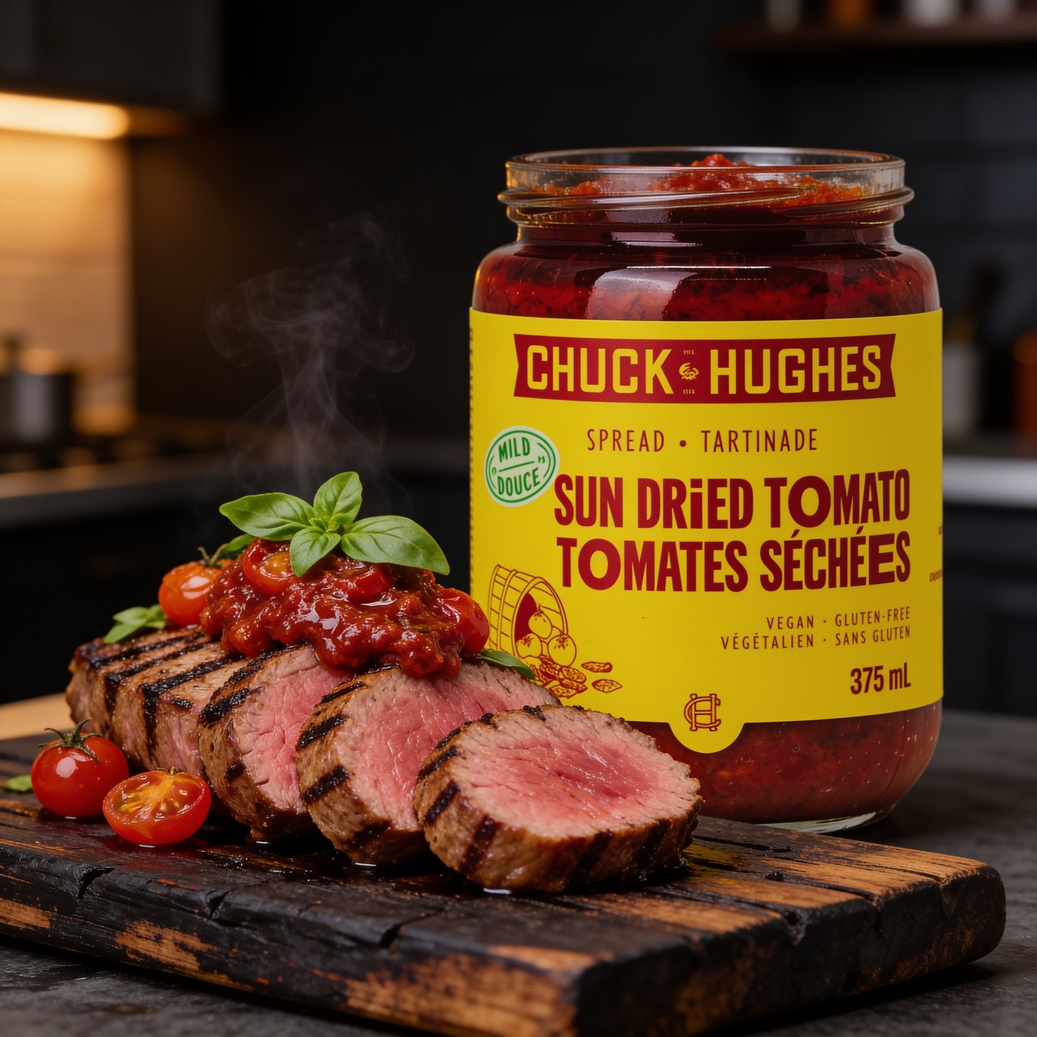 Chuck Hughes Sun-Dried Tomato Spread over sliced chargrilled lamb backstrap