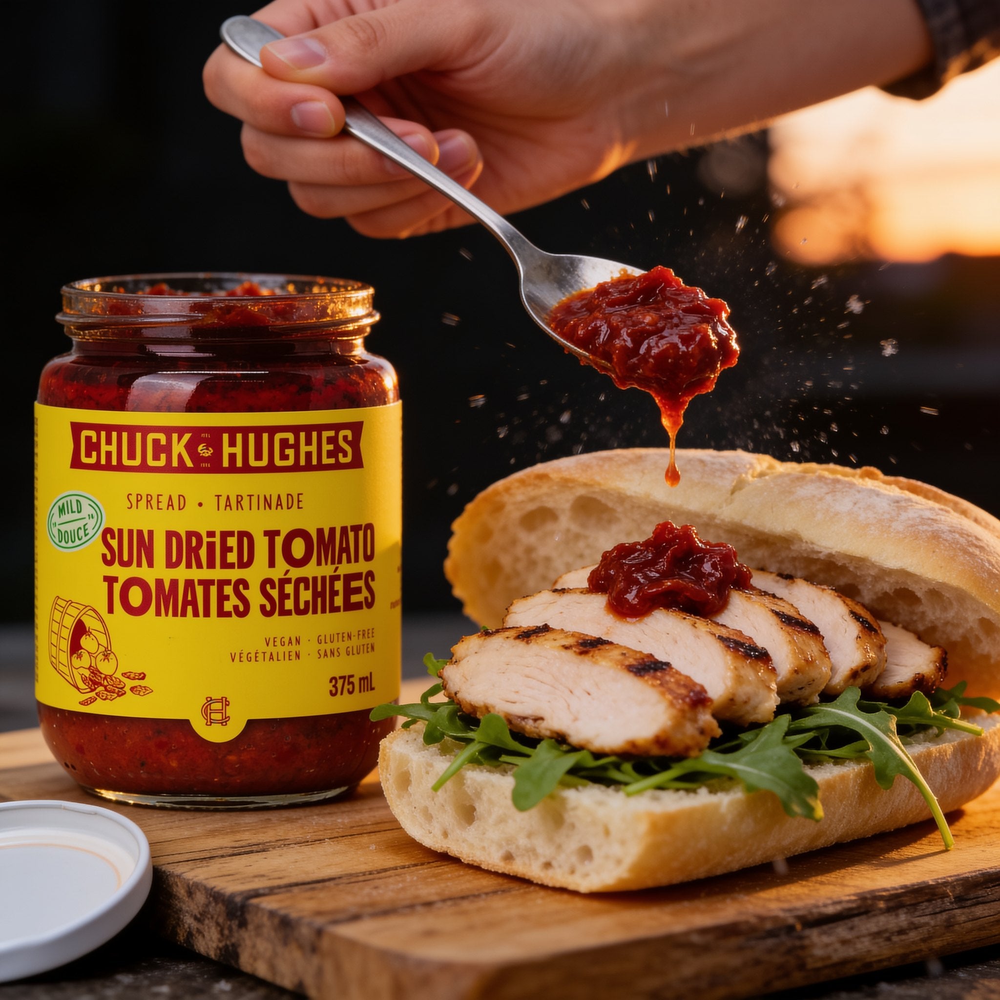 Chuck Hughes Sun-Dried Tomato Spread dropped onto a grilled chicken ciabatta