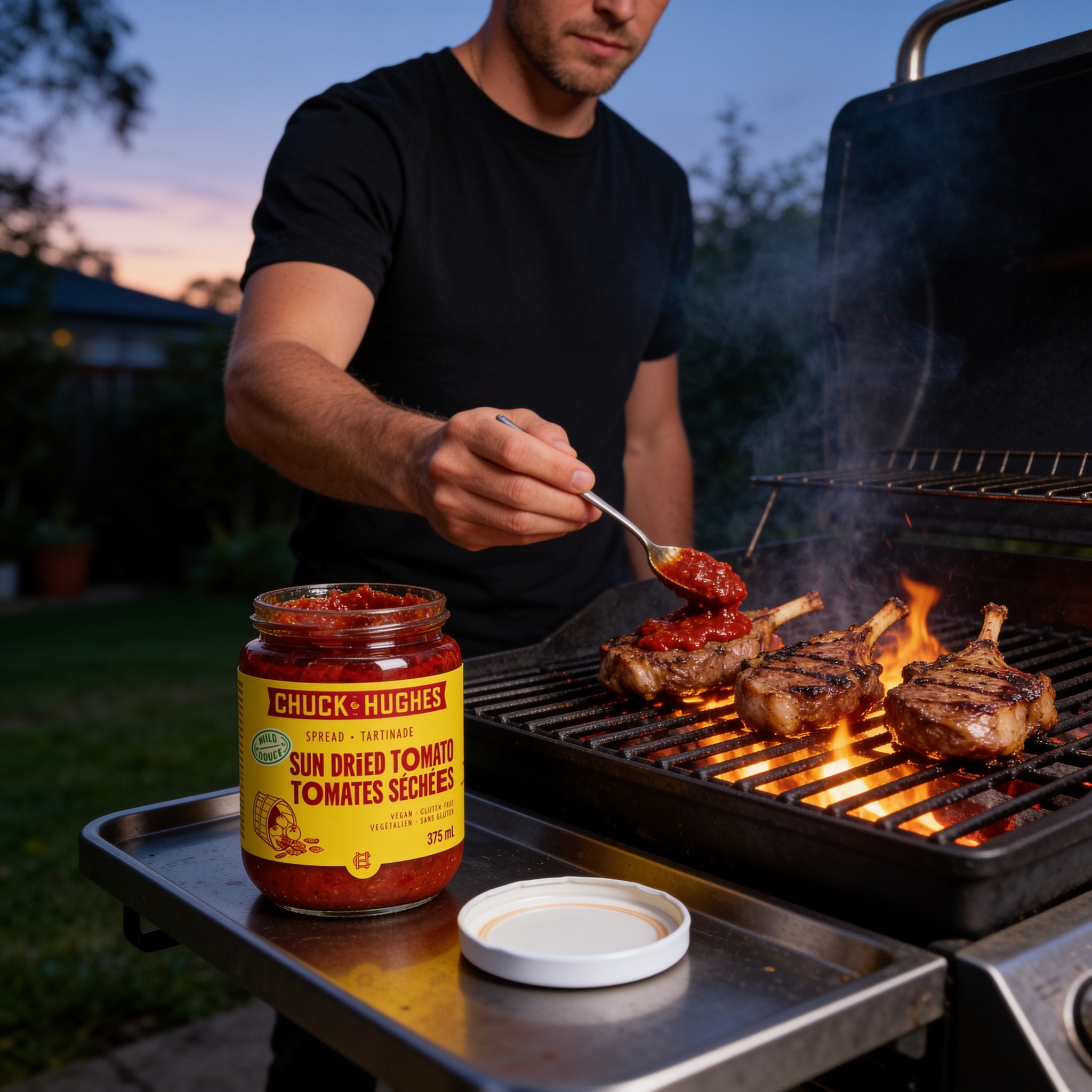 Chuck Hughes Mild Sun-Dried Tomato Spread 375ml tomato spread — spooning sun-dried tomato spread over lamb cutlets on the grill