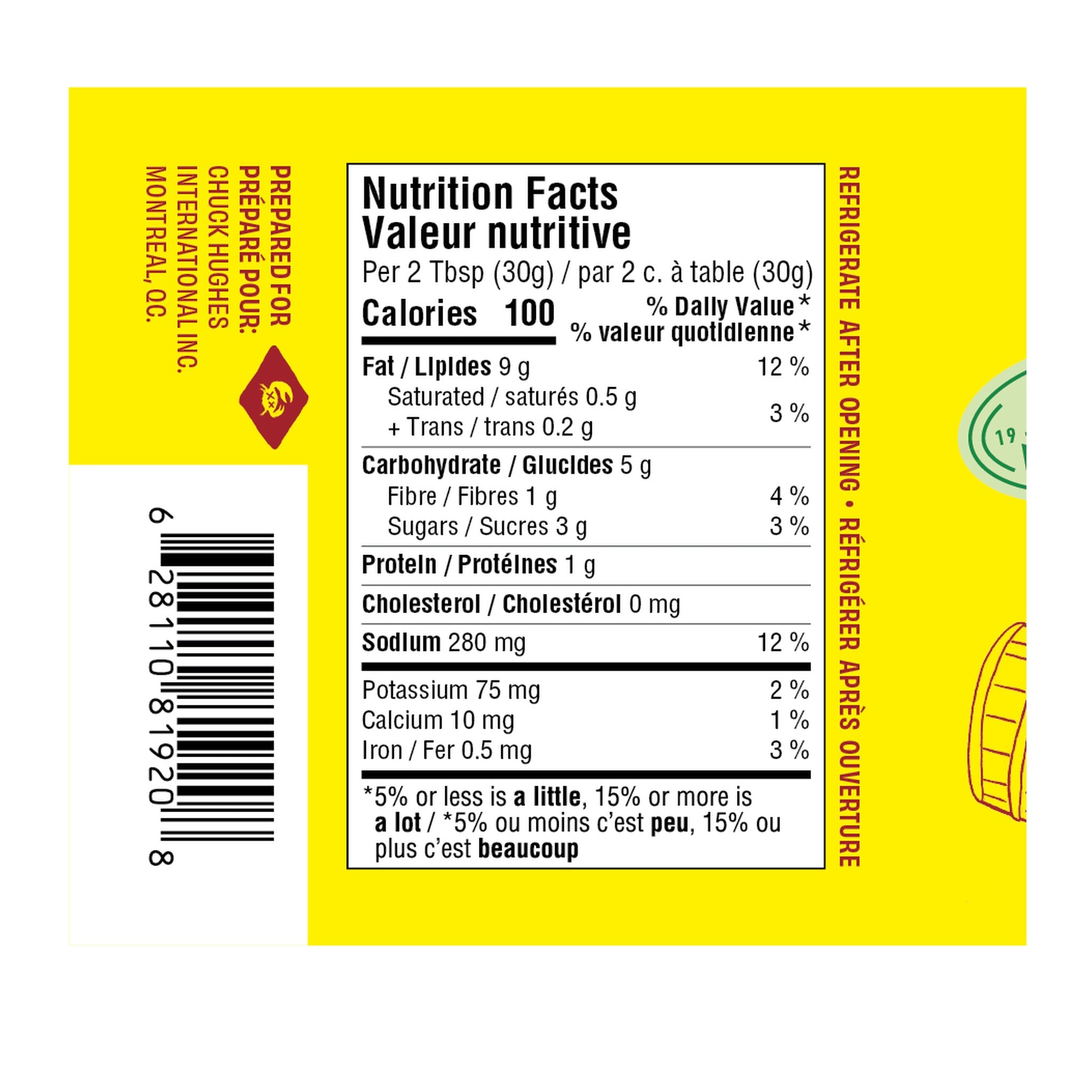 Chuck Hughes Mild Sun-Dried Tomato Spread 375ml tomato spread — nutrition panel and barcode, label detail