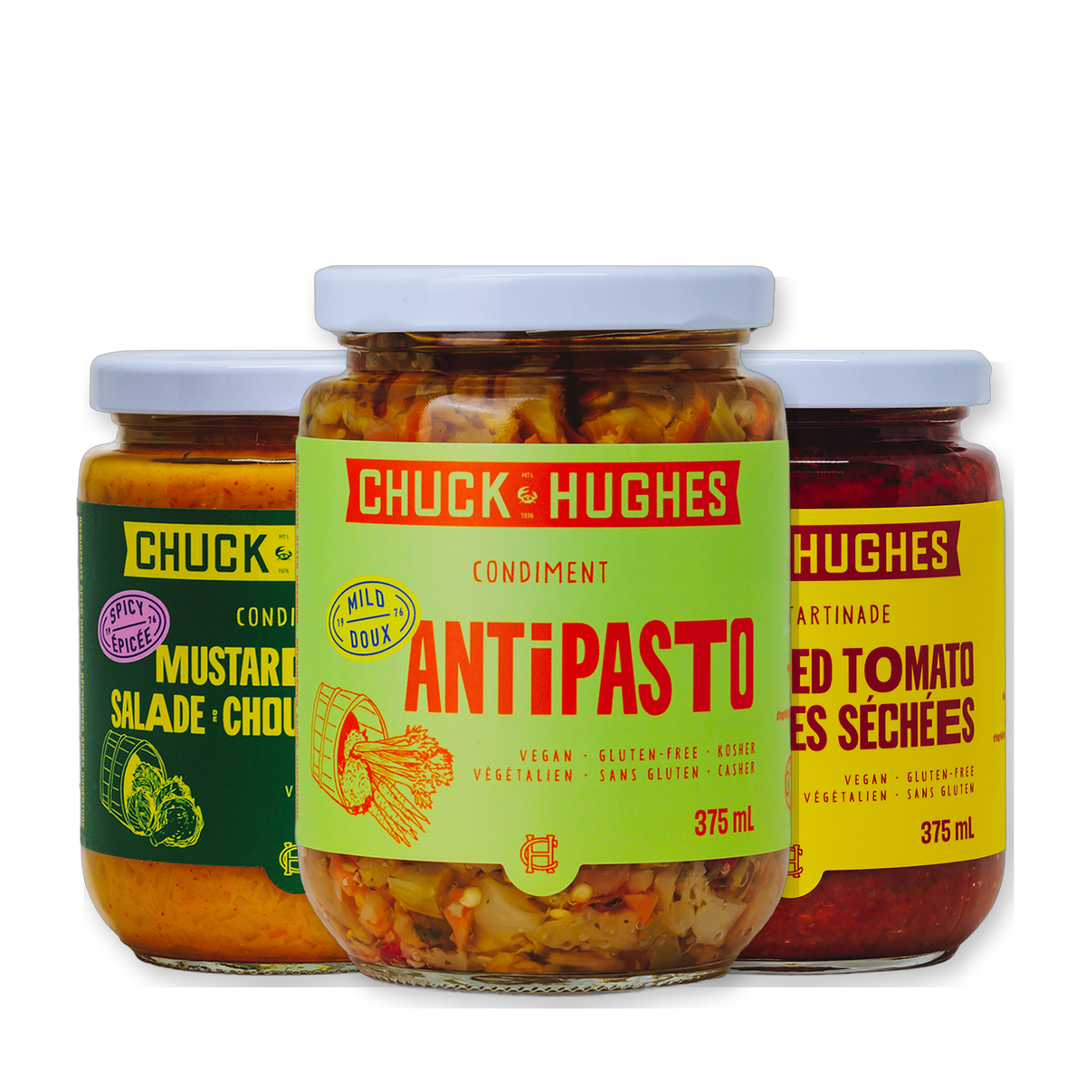Chuck Hughes trio – pick any 3 jars: Spicy Mustard Coleslaw, Mild Antipasto and Mild Sun-Dried Tomato Spread