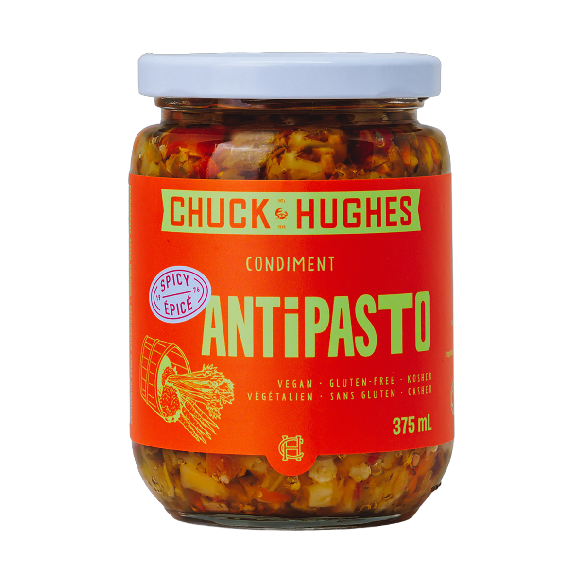 Chuck Hughes Spicy Antipasto 375ml antipasto condiment — front of jar on transparent background