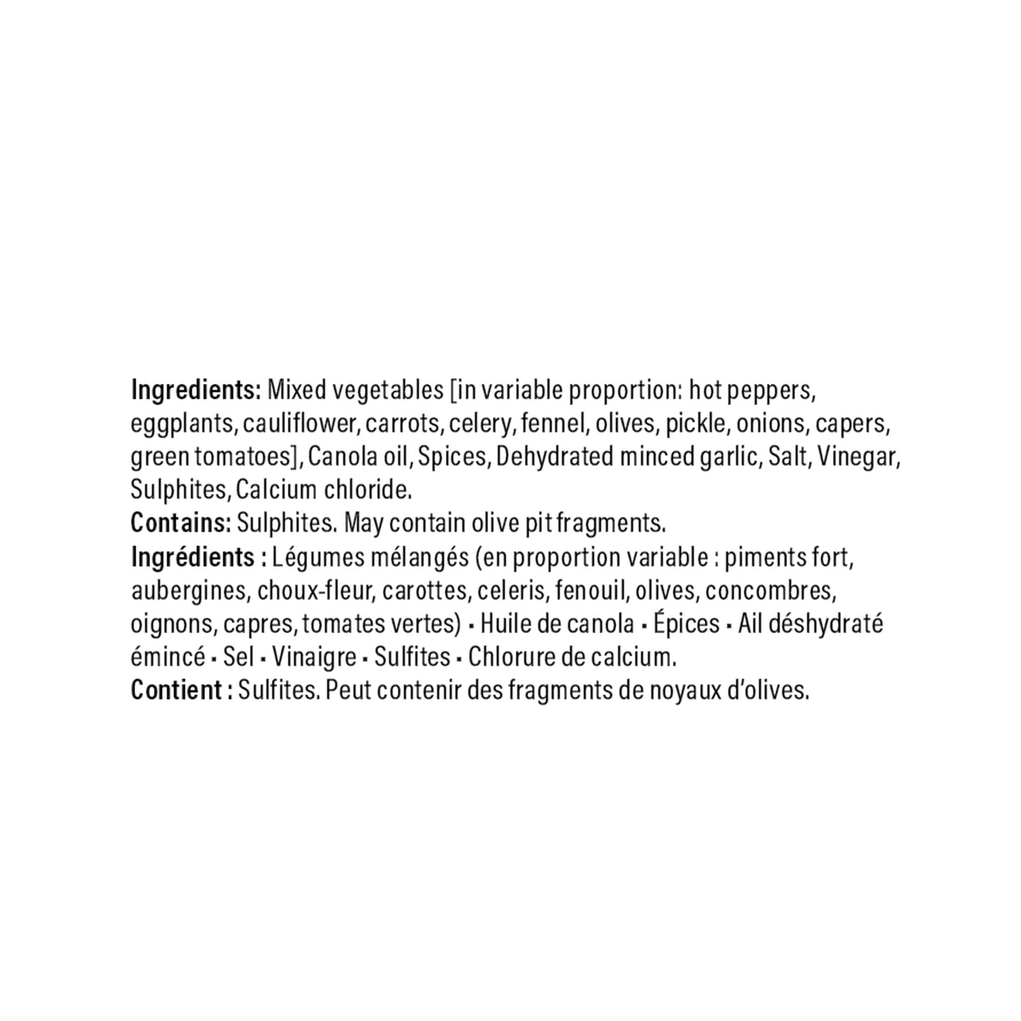 Chuck Hughes Spicy Antipasto 375ml antipasto condiment — ingredients and allergen panel, label detail