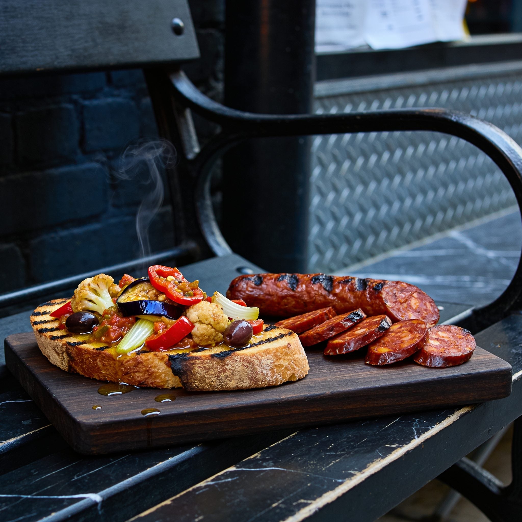 Chuck Hughes Spicy Antipasto 375ml antipasto condiment — grilled sourdough with spicy antipasto and chargrilled chorizo on a dark board