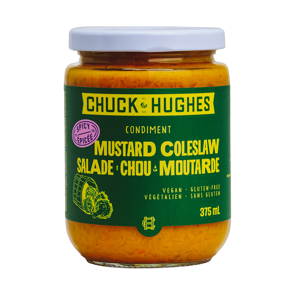 Chuck Hughes Spicy Mustard Coleslaw 375ml mustard slaw relish — front of jar on transparent background