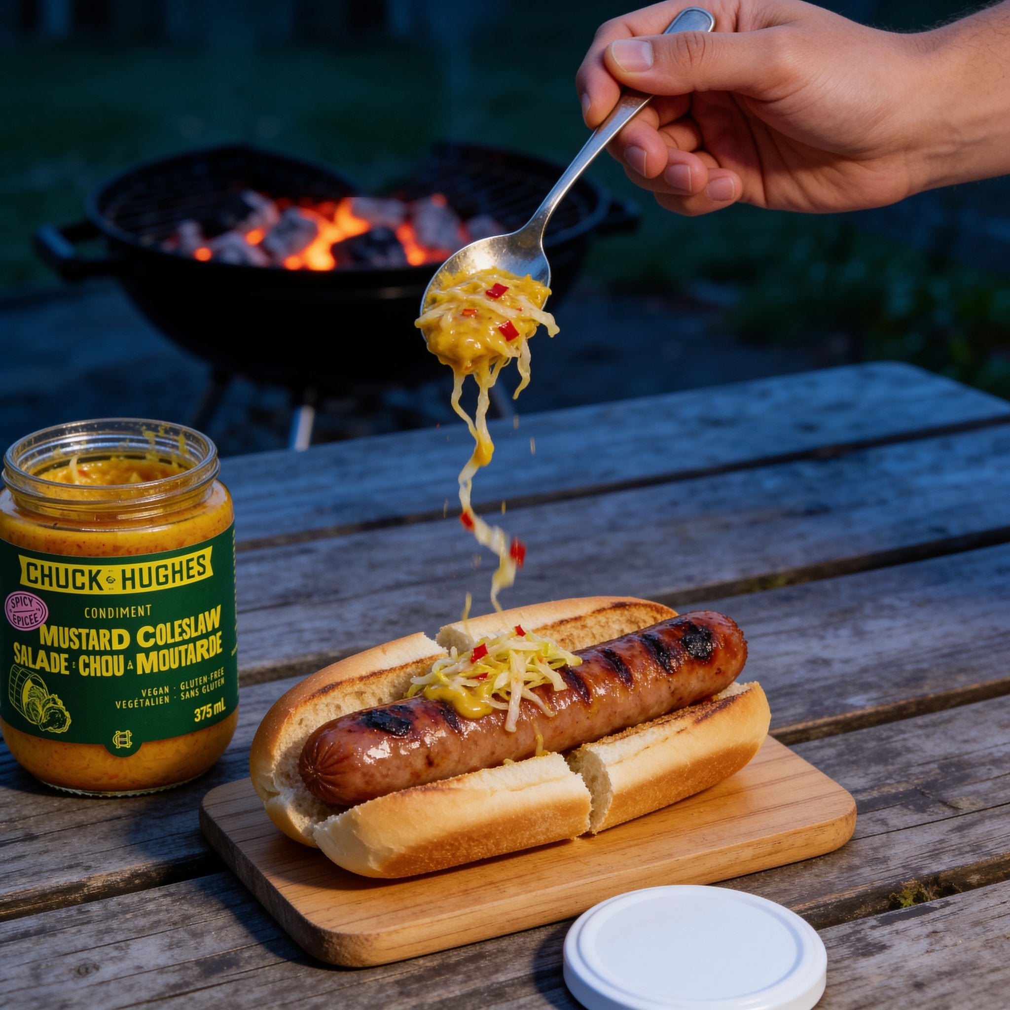 Chuck Hughes Spicy Mustard Coleslaw spooned onto a chargrilled sausage in a bun, open jar on the table