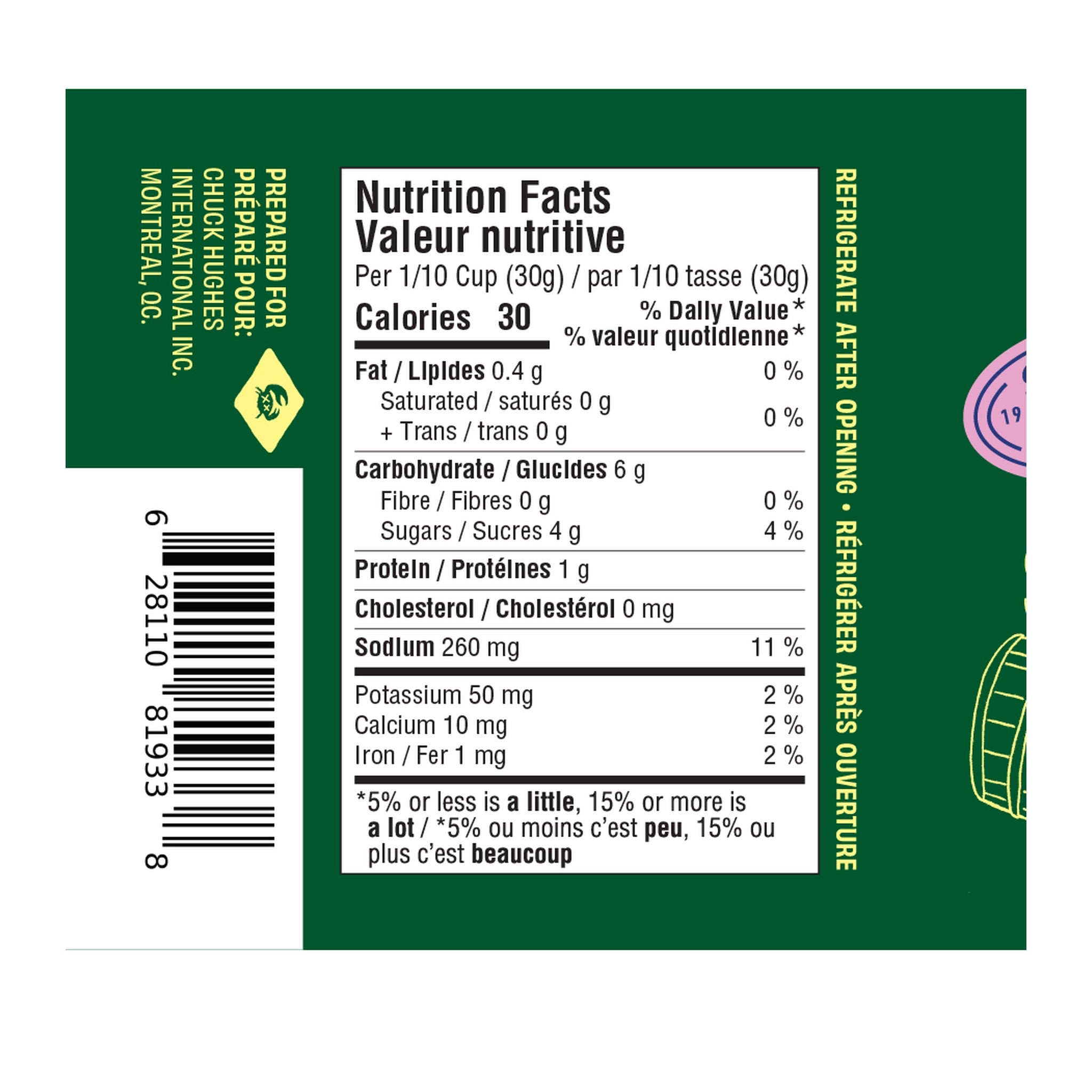 Chuck Hughes Spicy Mustard Coleslaw 375ml mustard slaw relish — nutrition panel and barcode, label detail