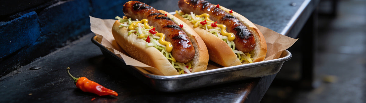 Chuck Hughes Spicy Mustard Coleslaw — chargrilled bratwurst hot dogs loaded with spicy mustard slaw
