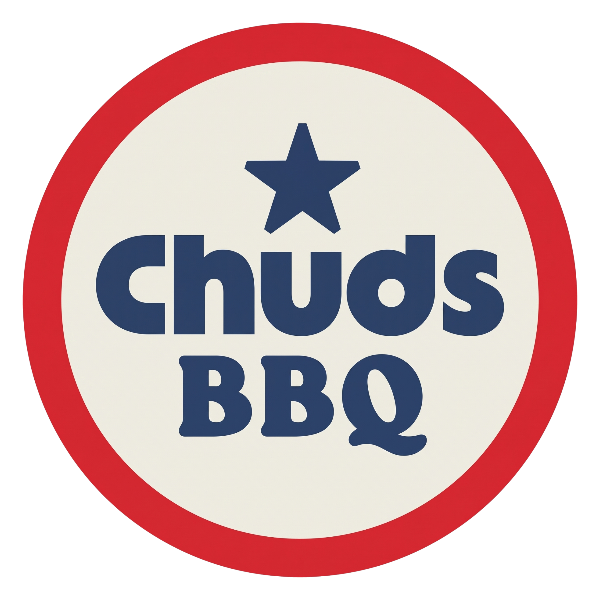 Chuds BBQ barbecue brand logo, red ring roundel with star, navy on transparent background