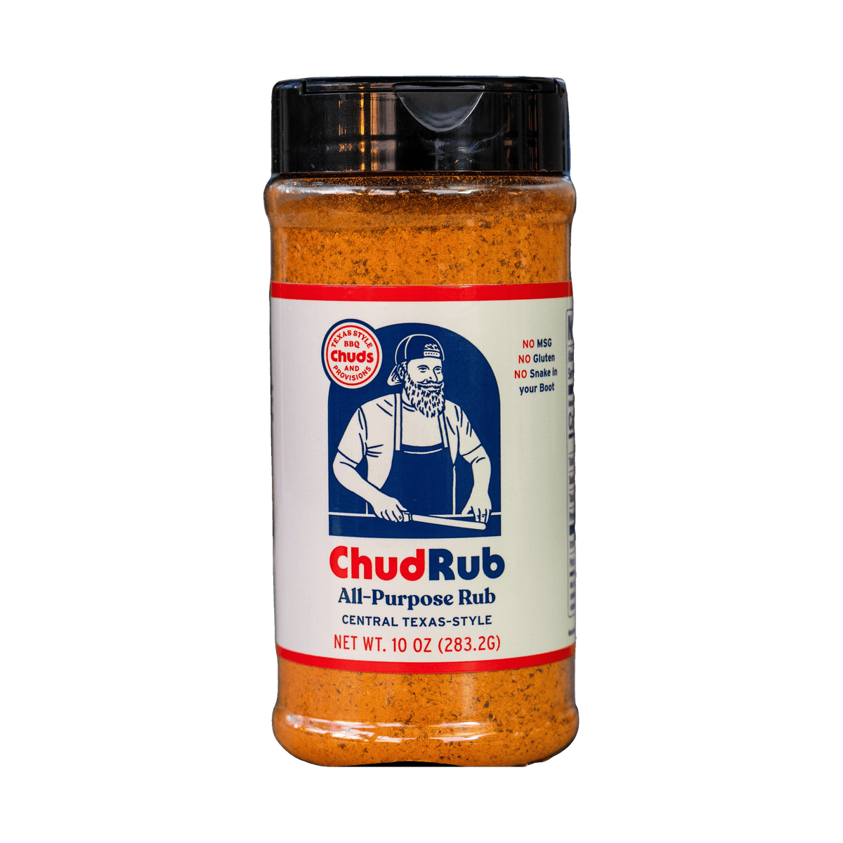 Chuds BBQ ChudRub 283g all-purpose Texas BBQ rub — front of shaker on transparent background
