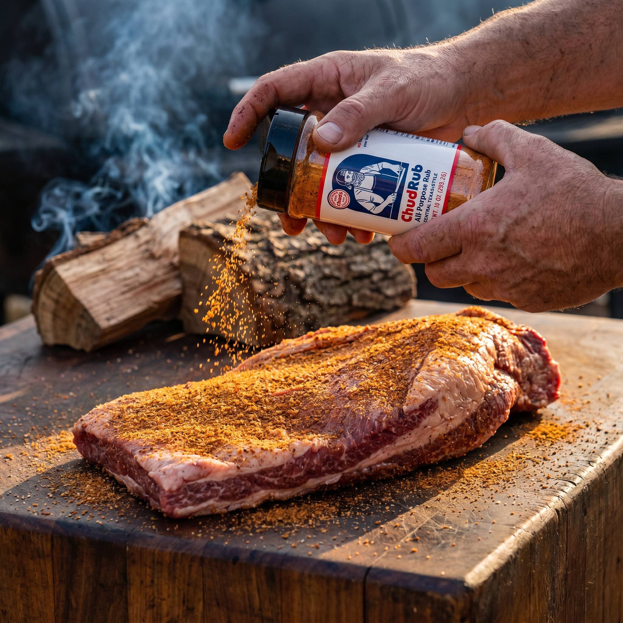 Chuds BBQ ChudRub 283g all-purpose Texas BBQ rub — seasoning a whole brisket on a timber block over post oak
