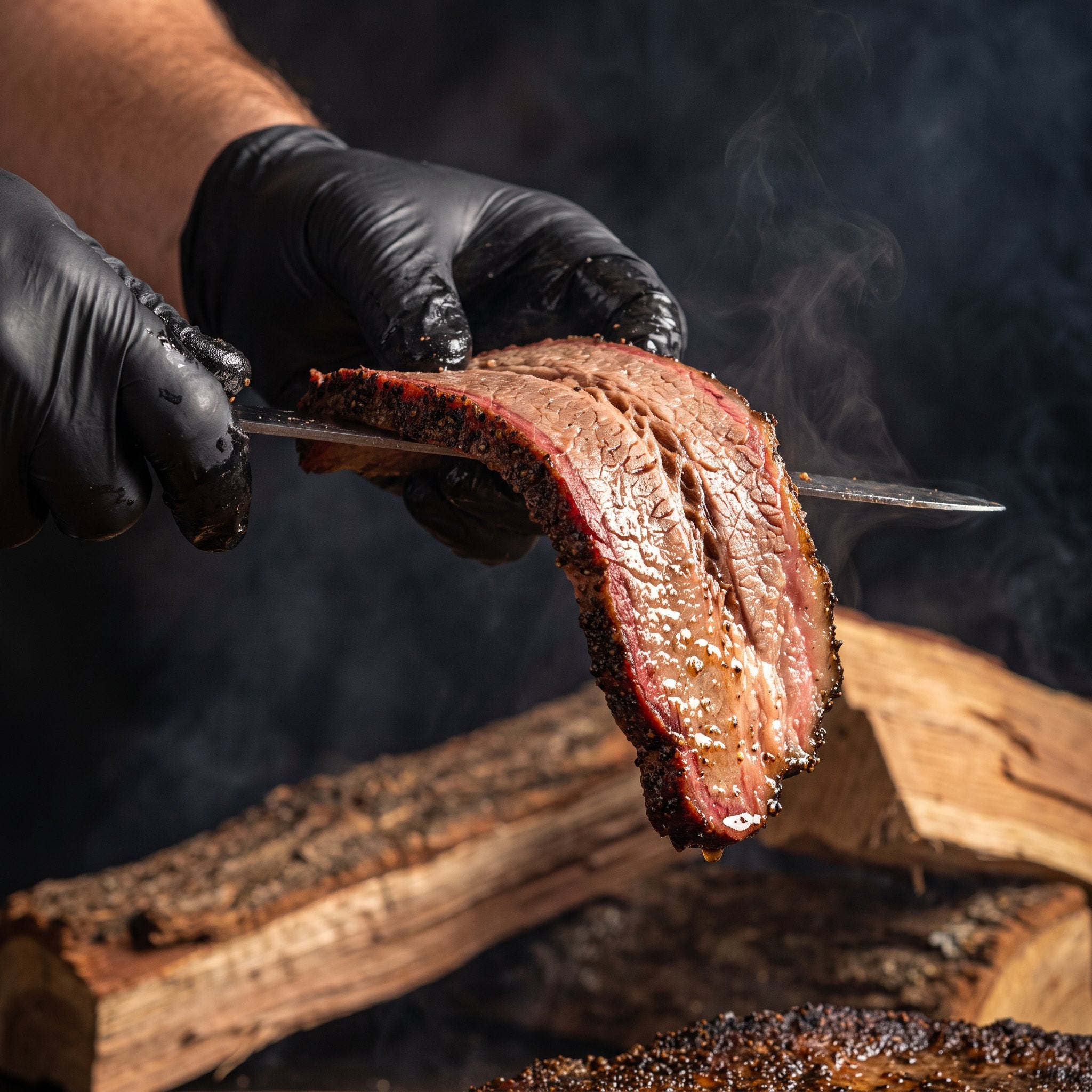 Chuds BBQ ChudRub 283g all-purpose Texas BBQ rub — a moist sliced brisket draping over the knife with a smoke ring and peppery bark