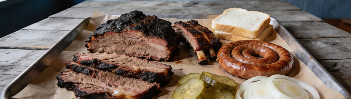 Texas barbecue tray of brisket, ribs and sausage on a timber table – Chuds BBQ Range Bundle