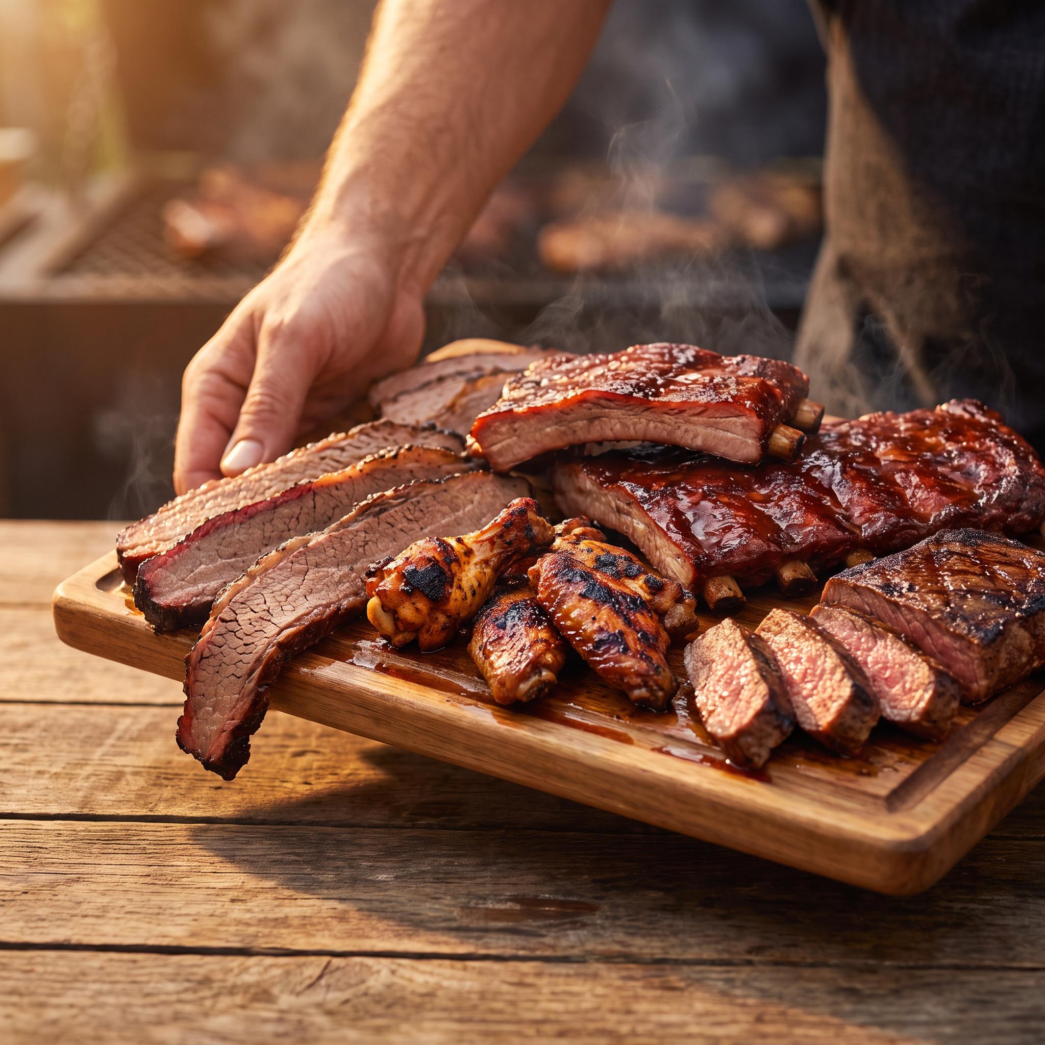 Chuds BBQ Range Bundle Texas rubs and seasonings — a loaded barbecue platter of brisket, ribs, wings and steak set on a table