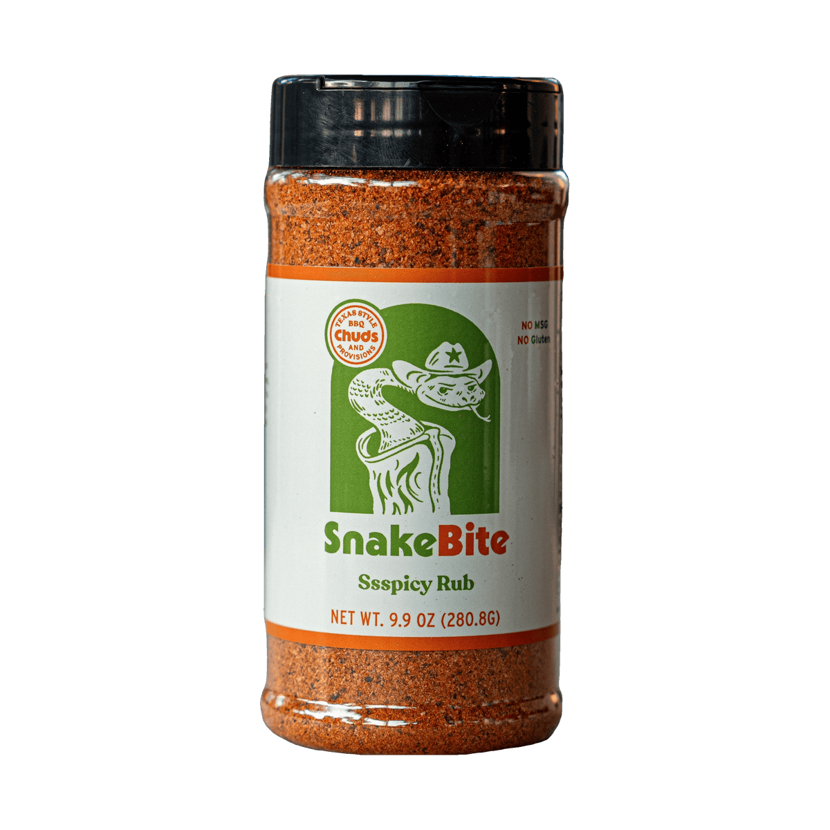 Chuds BBQ SnakeBite 280g spicy jalapeño BBQ rub — front of shaker on transparent background