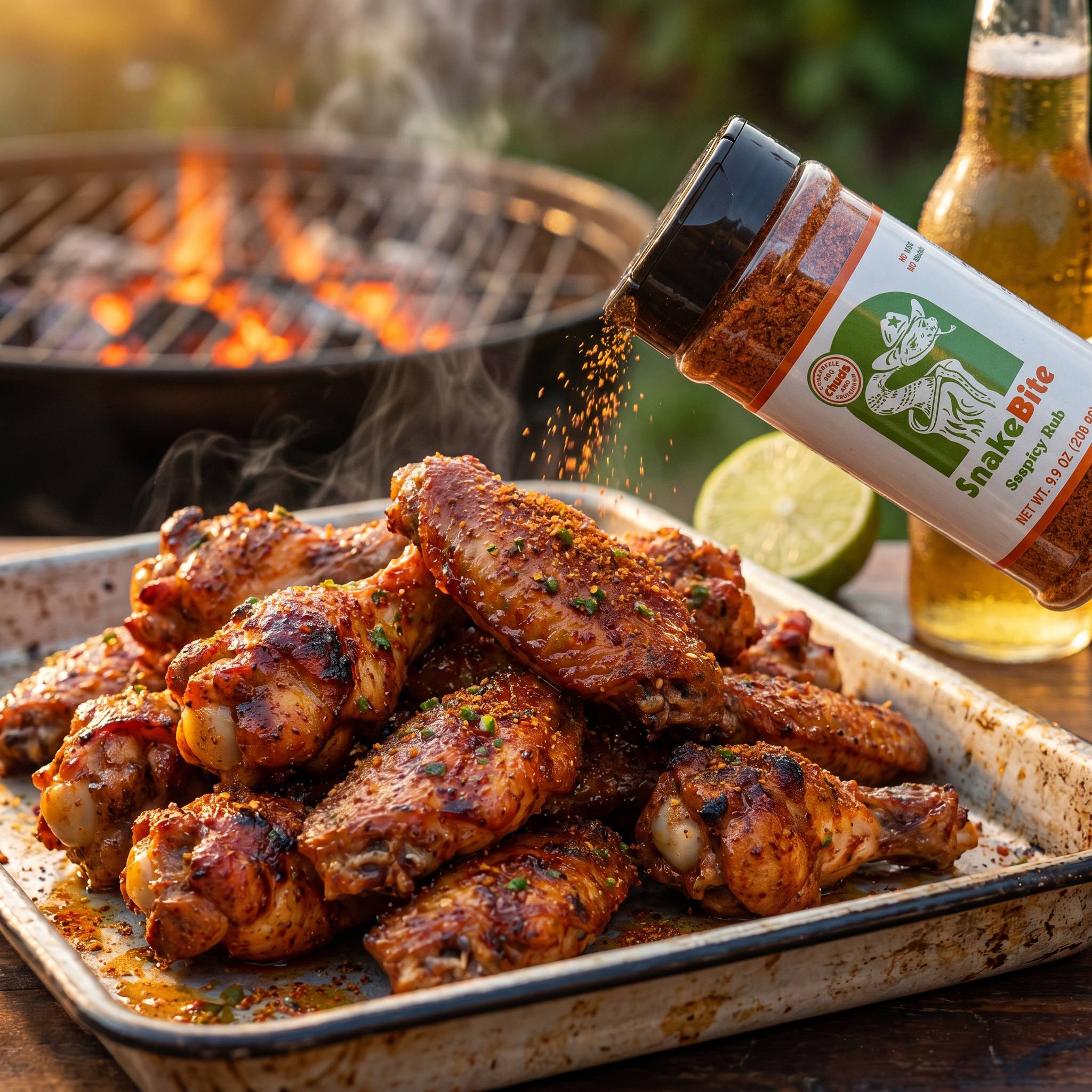 Chuds BBQ SnakeBite 280g spicy jalapeño BBQ rub — glossy barbecue wings on an enamel tray by the coals