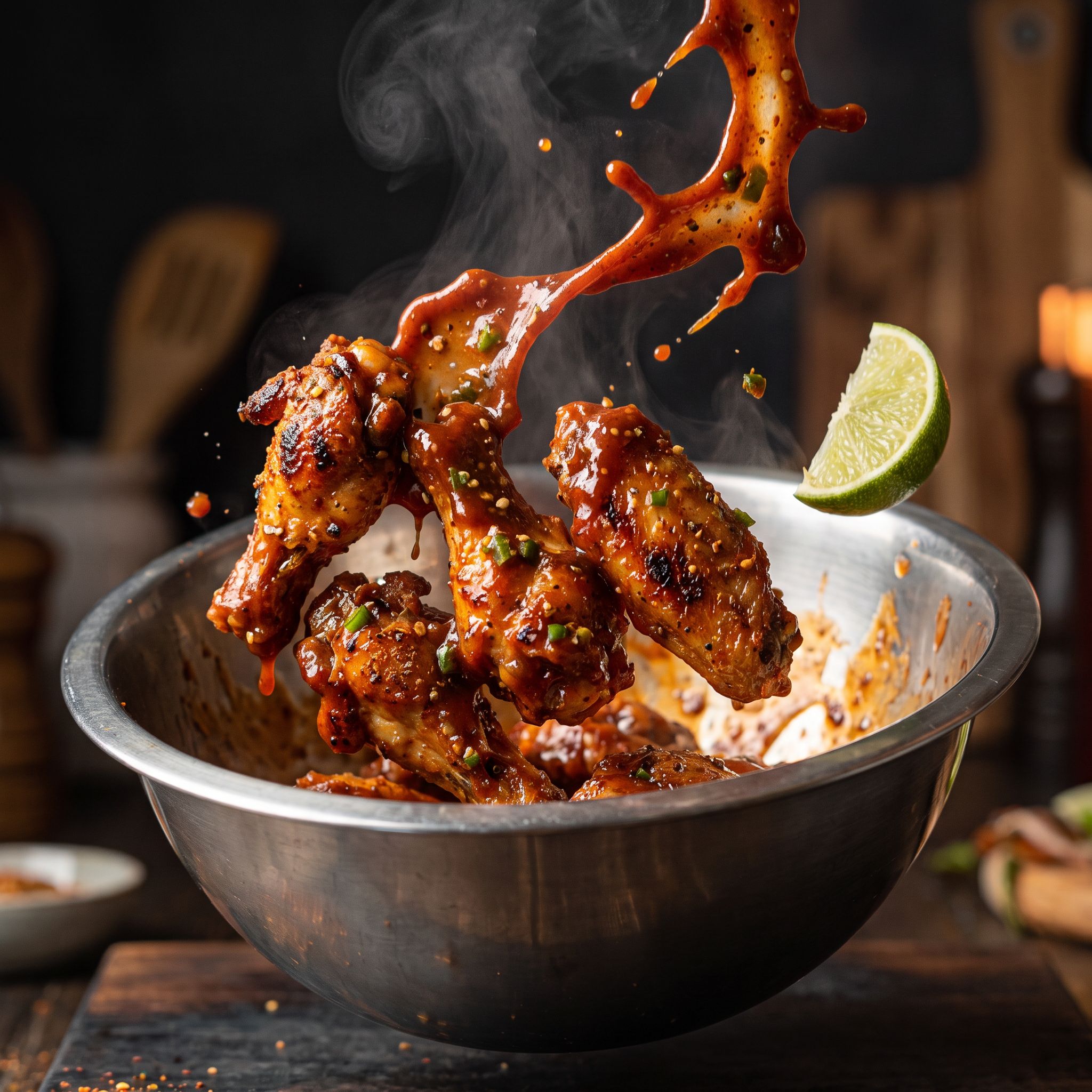Chuds BBQ SnakeBite 280g spicy jalapeño BBQ rub — glossy red barbecue wings caught mid-toss with sauce arcing