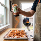Chuds BBQ SnakeBite 280g spicy jalapeño BBQ rub — a home cook seasoning raw chicken wings from the shaker at a kitchen bench