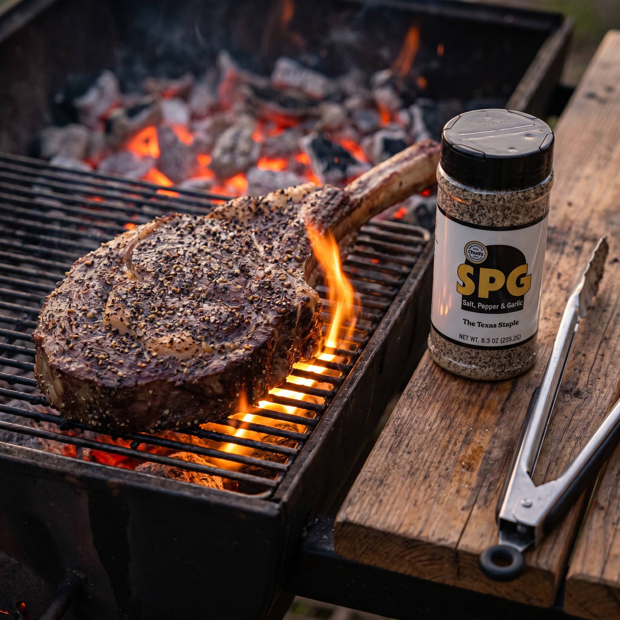 Chuds BBQ SPG 235g salt, pepper and garlic seasoning — thick-cut ribeye searing over glowing charcoal