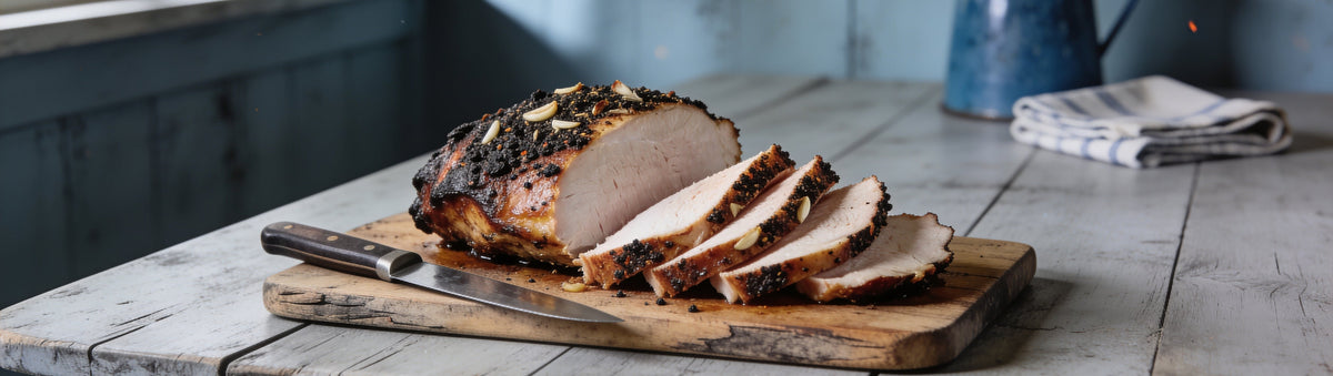 Pepper-crusted smoked turkey breast sliced on a farmhouse table – Chuds BBQ SPG
