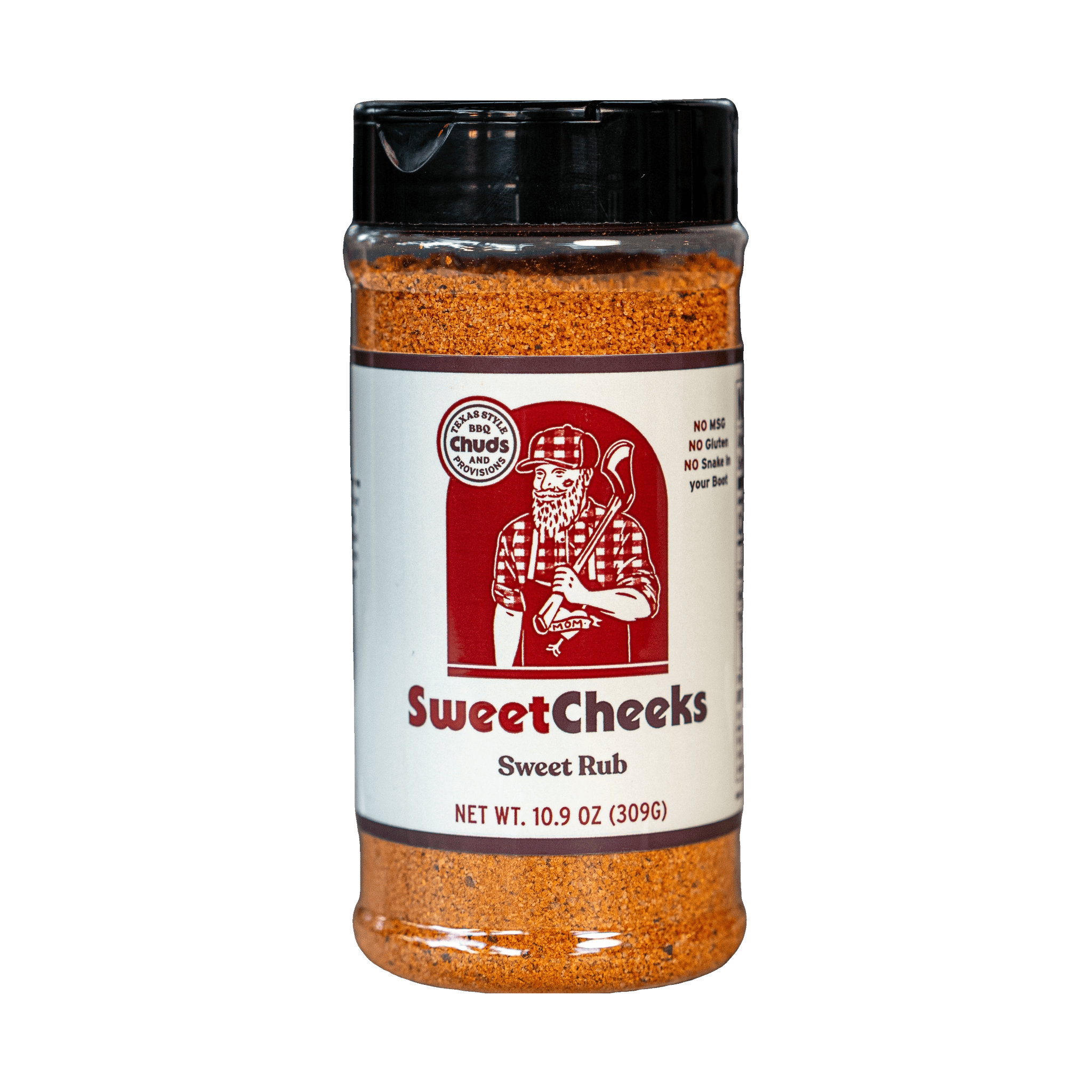Chuds BBQ SweetCheeks 309g sweet maple BBQ rub — front of shaker on transparent background