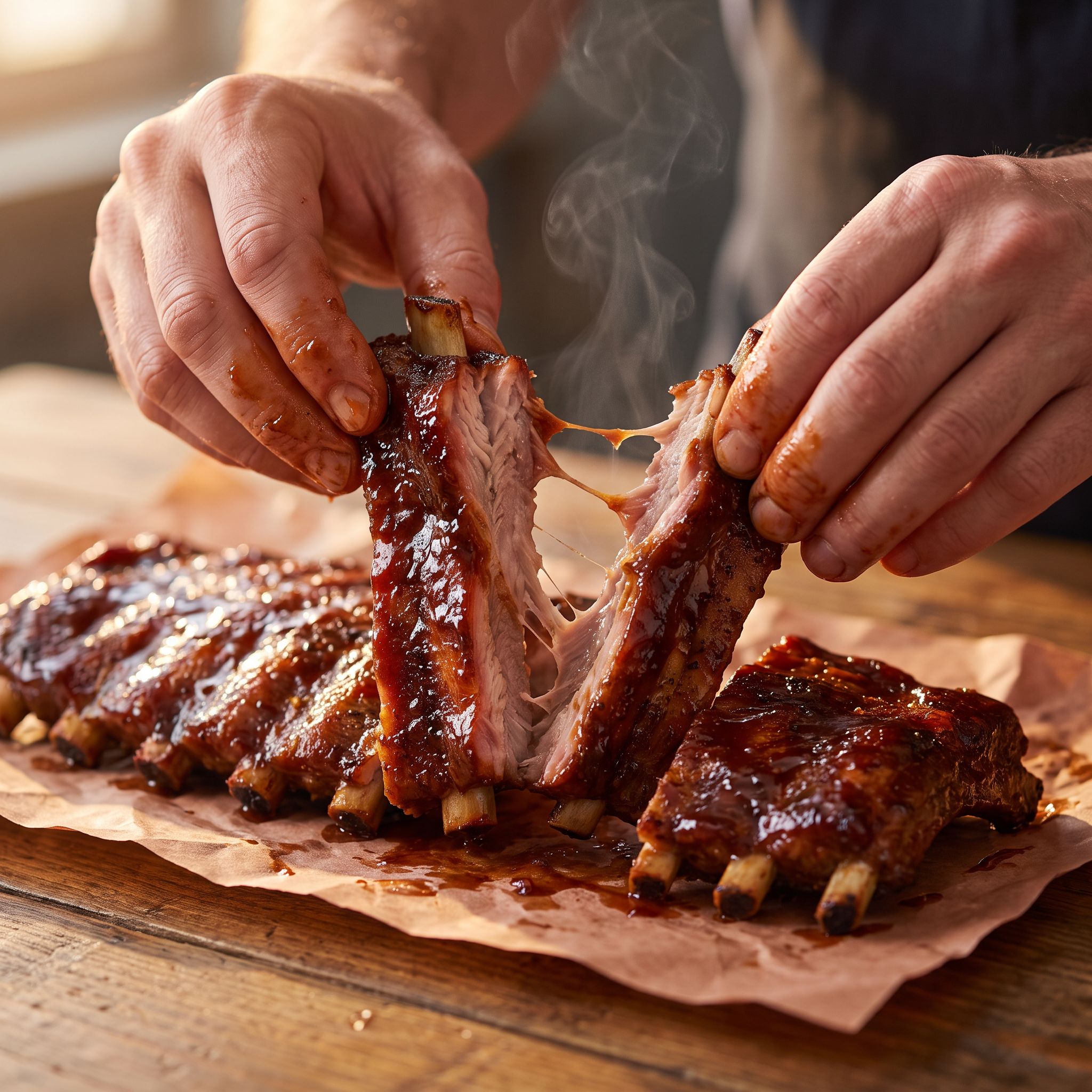 Chuds BBQ SweetCheeks 309g sweet maple BBQ rub — glazed mahogany pork ribs pulled apart with sauce stringing