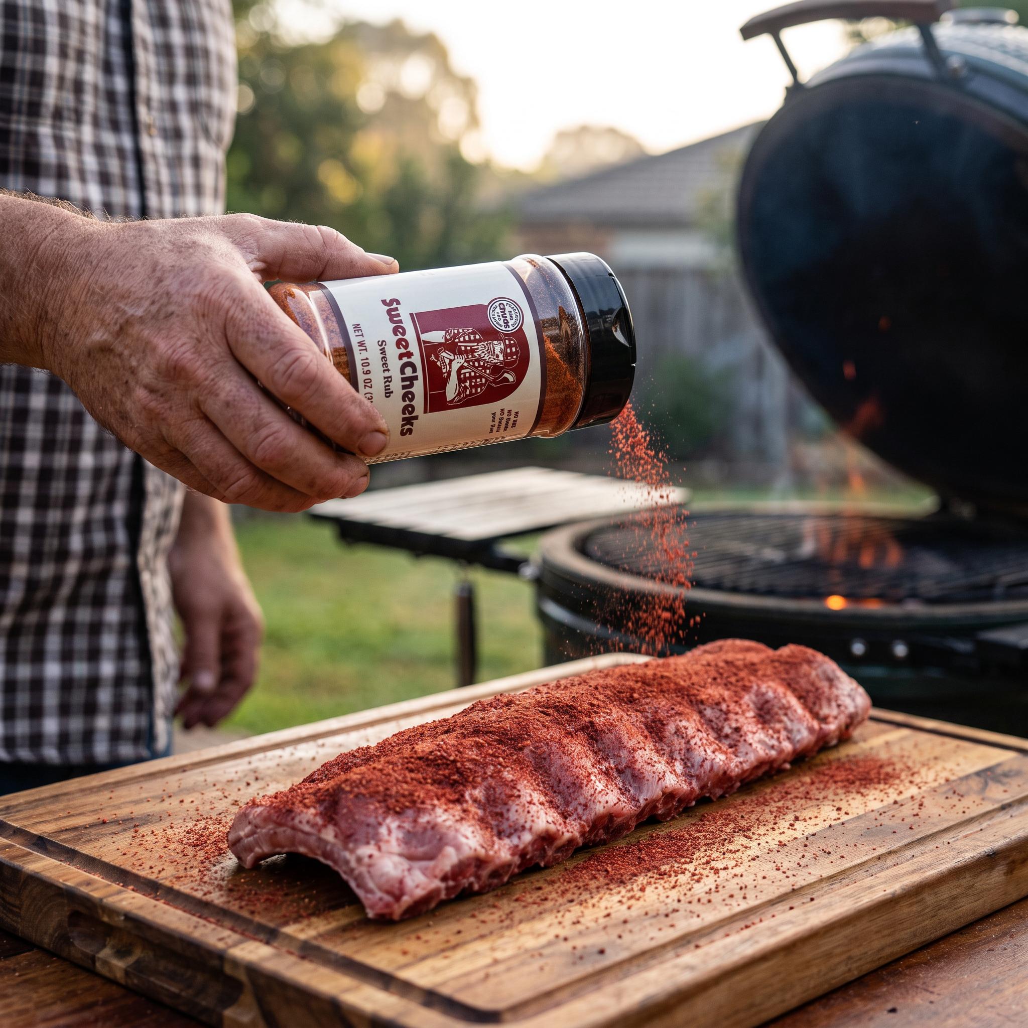 Chuds BBQ SweetCheeks 309g sweet maple BBQ rub — a cook dusting the maple rub over a rack of raw ribs on a board