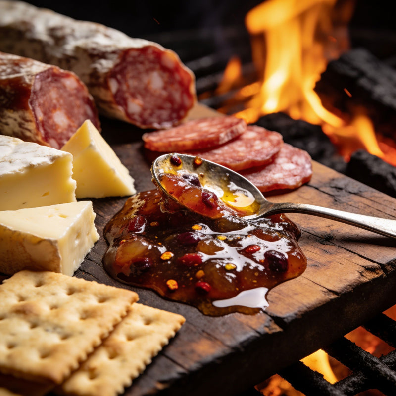 Chutney category lifestyle photo - glossy fruit chutney spooned onto cheese and meat board lifestyle photo