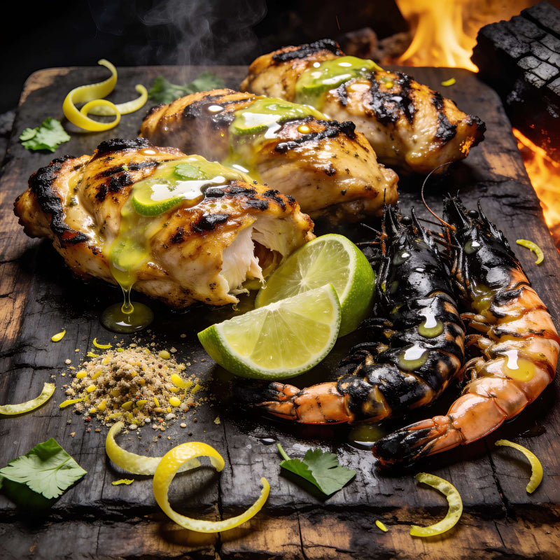 Char-grilled citrus lime chicken and prawns with lime wedges — The Rub Hub Citrus & Lime category lifestyle photo