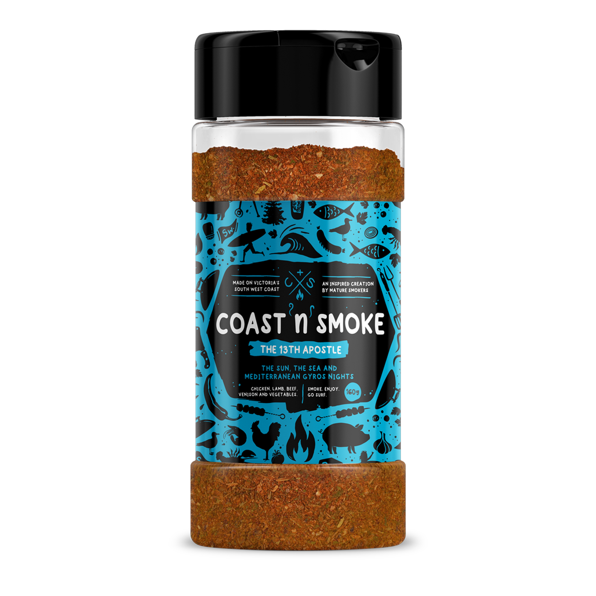 Coast n Smoke The 13th Apostle rub 150g, front of shaker on transparent background