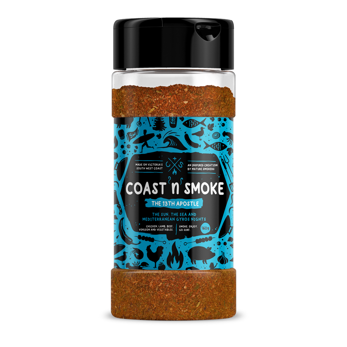 Coast n Smoke The 13th Apostle rub 150g, front of shaker on transparent background