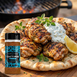 Coast n Smoke The 13th Apostle rub — herb-crusted gyros chicken on pita with tzatziki and lemon