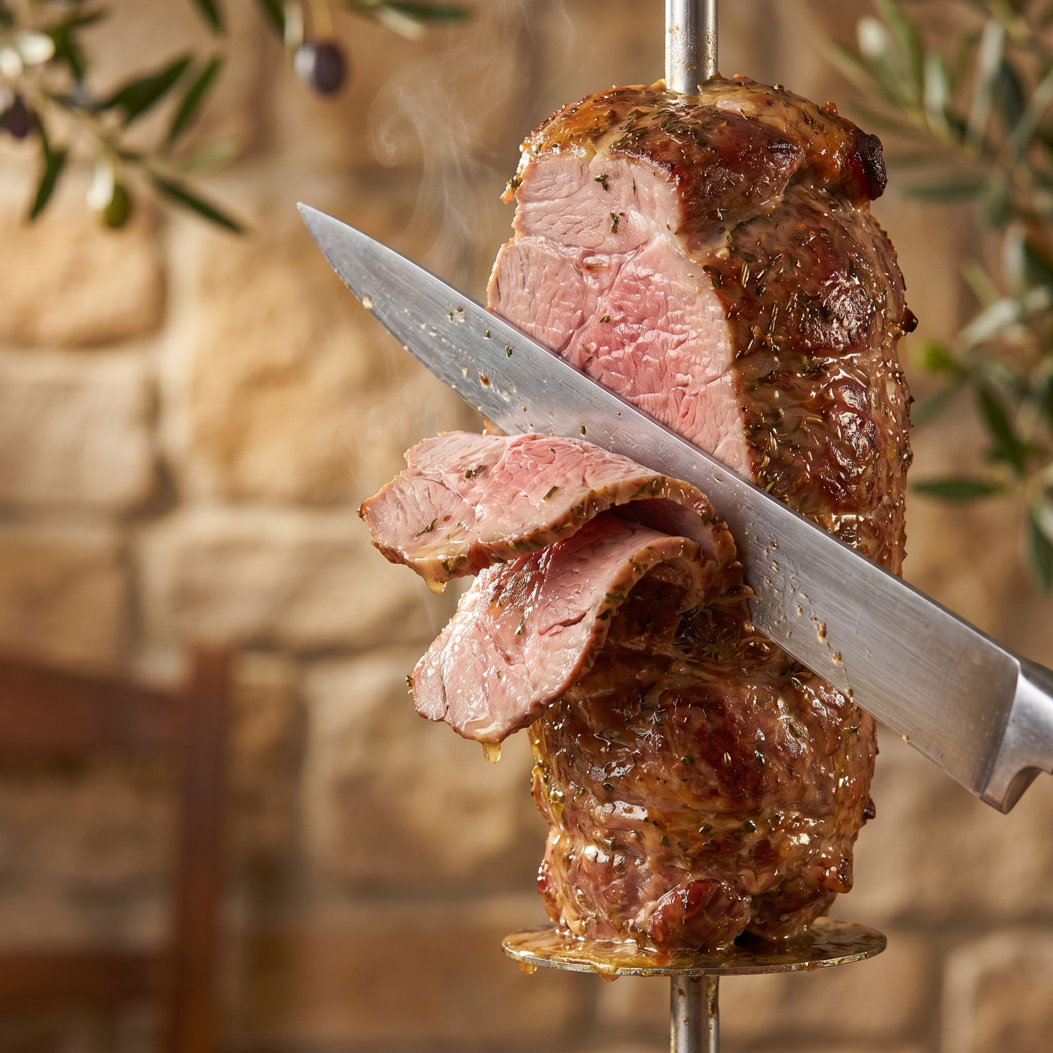 Coast n Smoke The 13th Apostle rub — carving juicy herb-crusted gyros lamb from a vertical spit