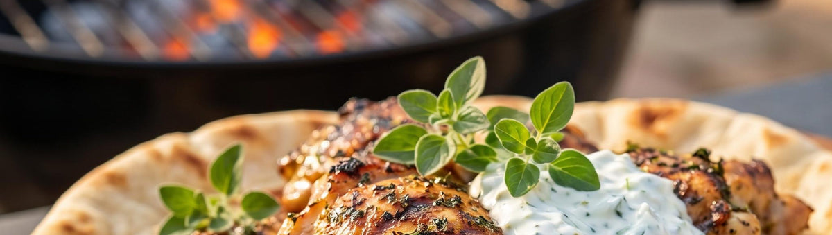 Coast n Smoke The 13th Apostle Rub 150g banner — grilled chicken gyros thighs on flatbread with tzatziki over an open fire