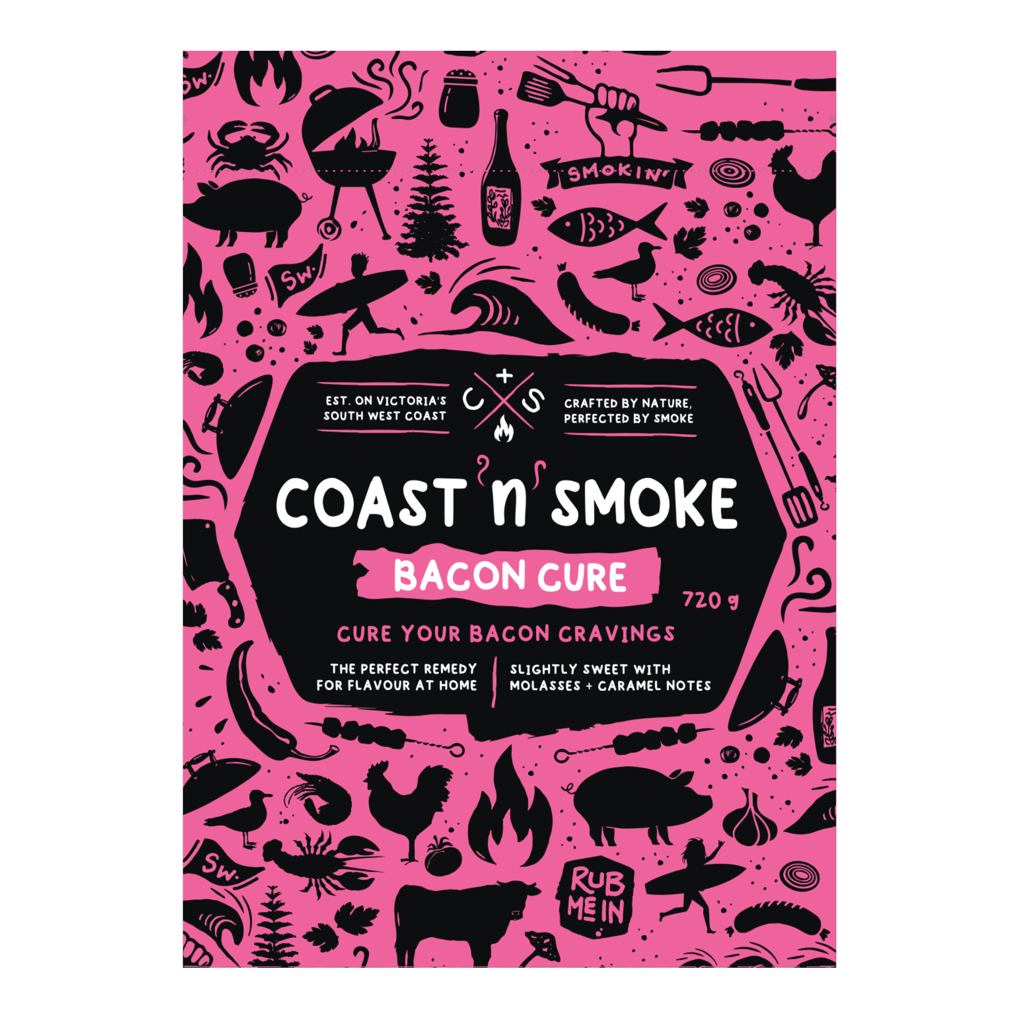 Coast n Smoke Bacon Cure, front of pack on transparent background